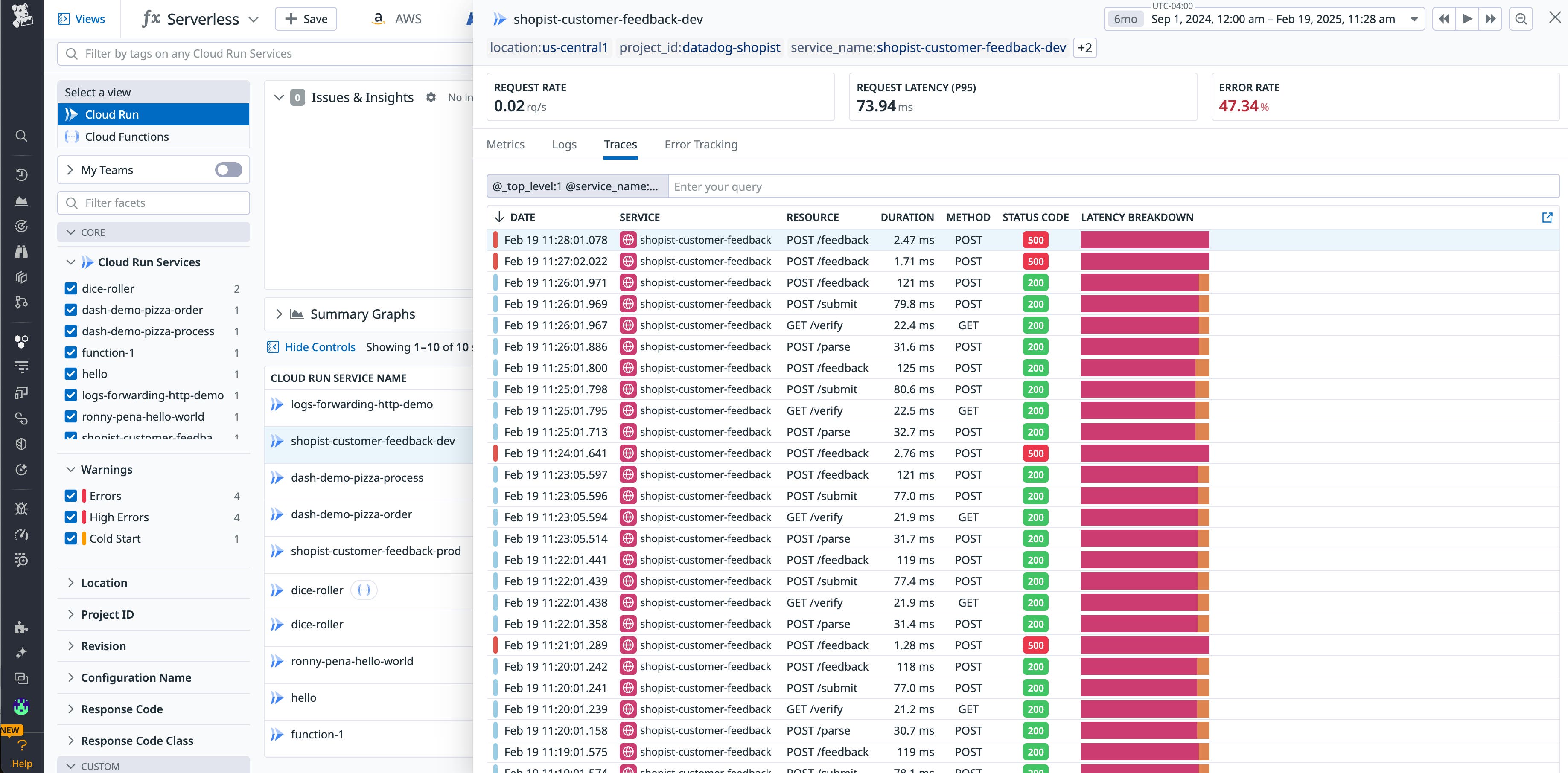 Side panel that shows traces and logs for a service. Side panel that shows traces and logs for a service.