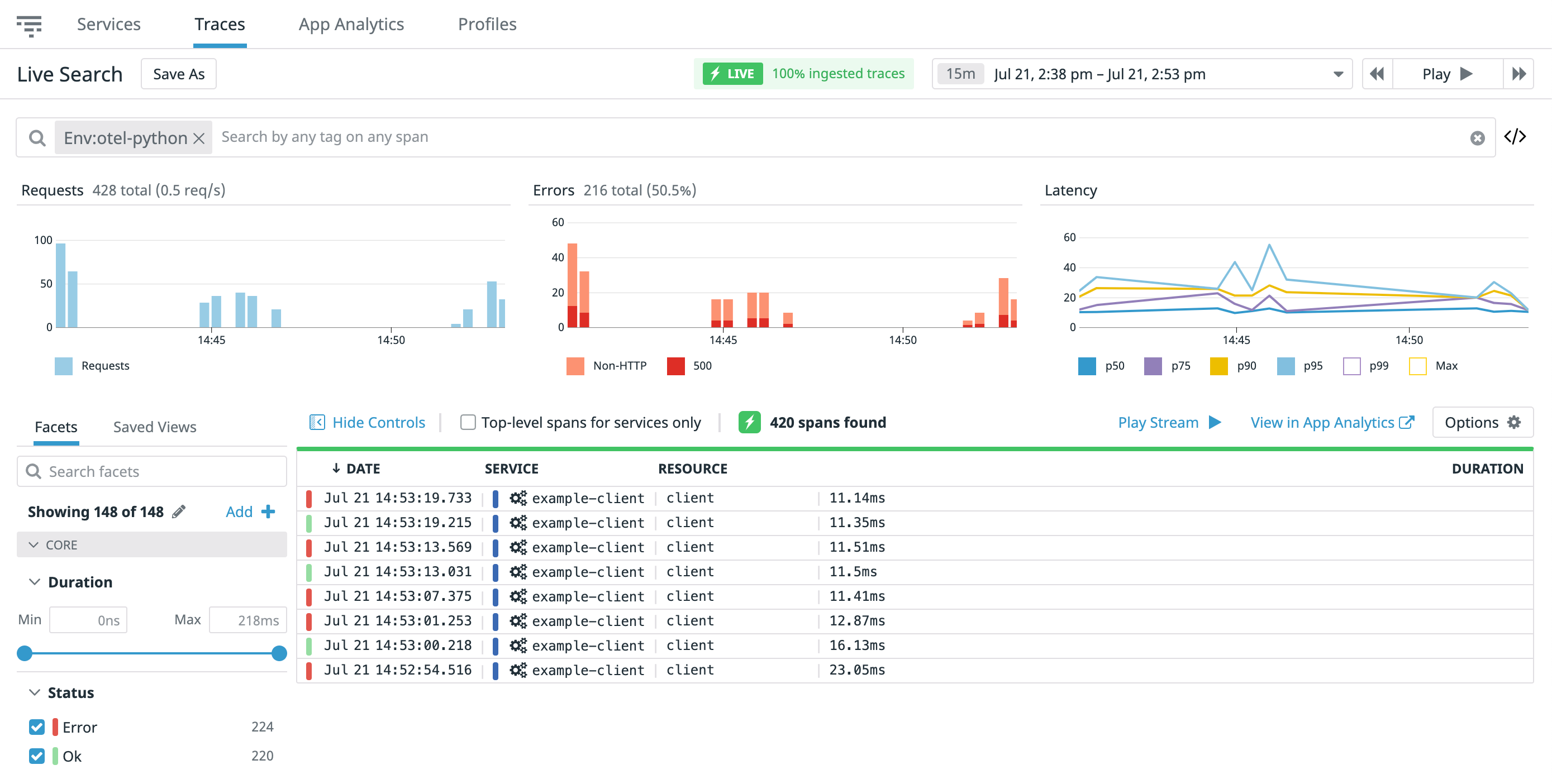 Search traces in real time for OpenTelemetry monitoring and Flask application monitoring