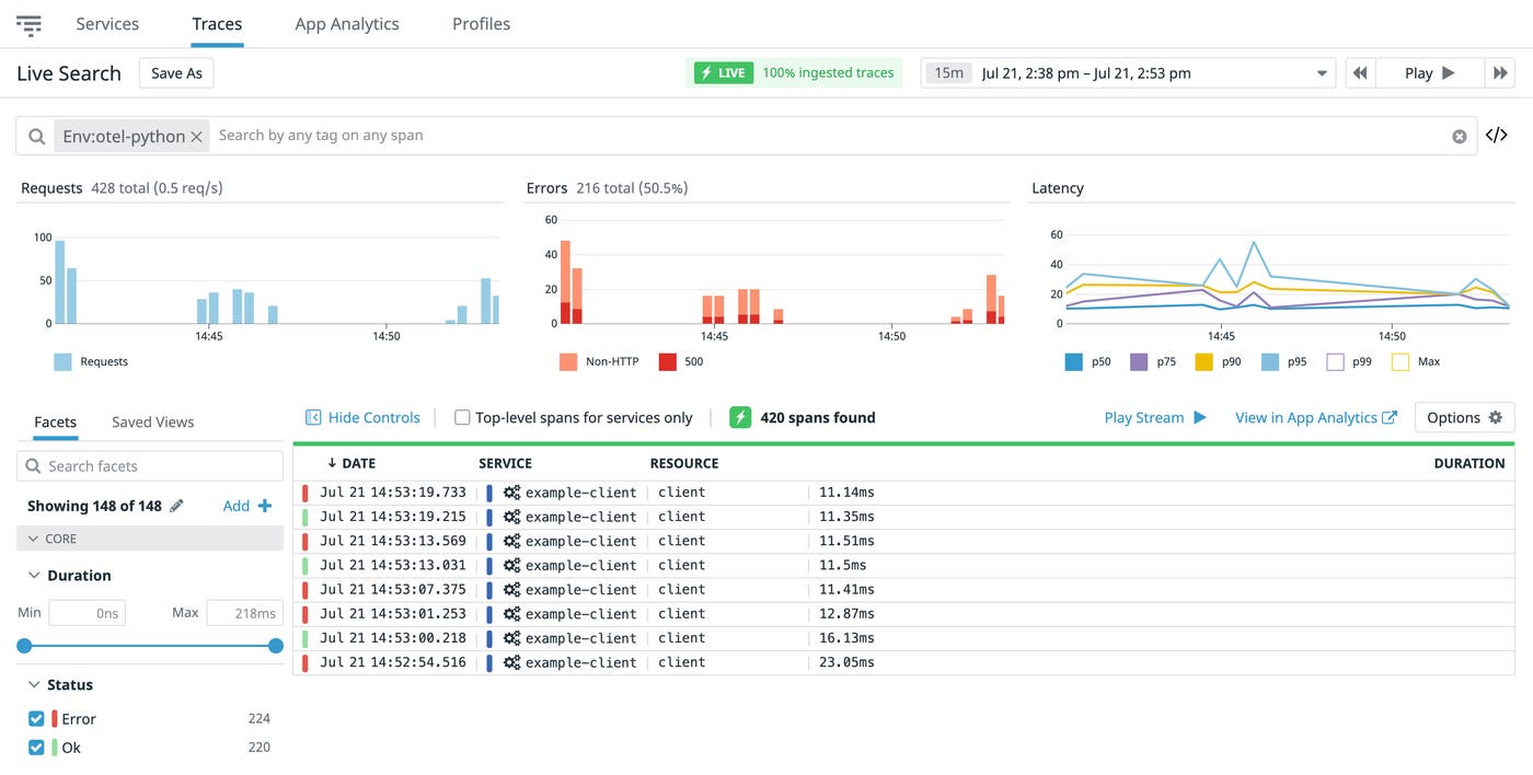 Search traces in real time for OpenTelemetry monitoring and Flask application monitoring Search traces in real time for OpenTelemetry monitoring and Flask application monitoring