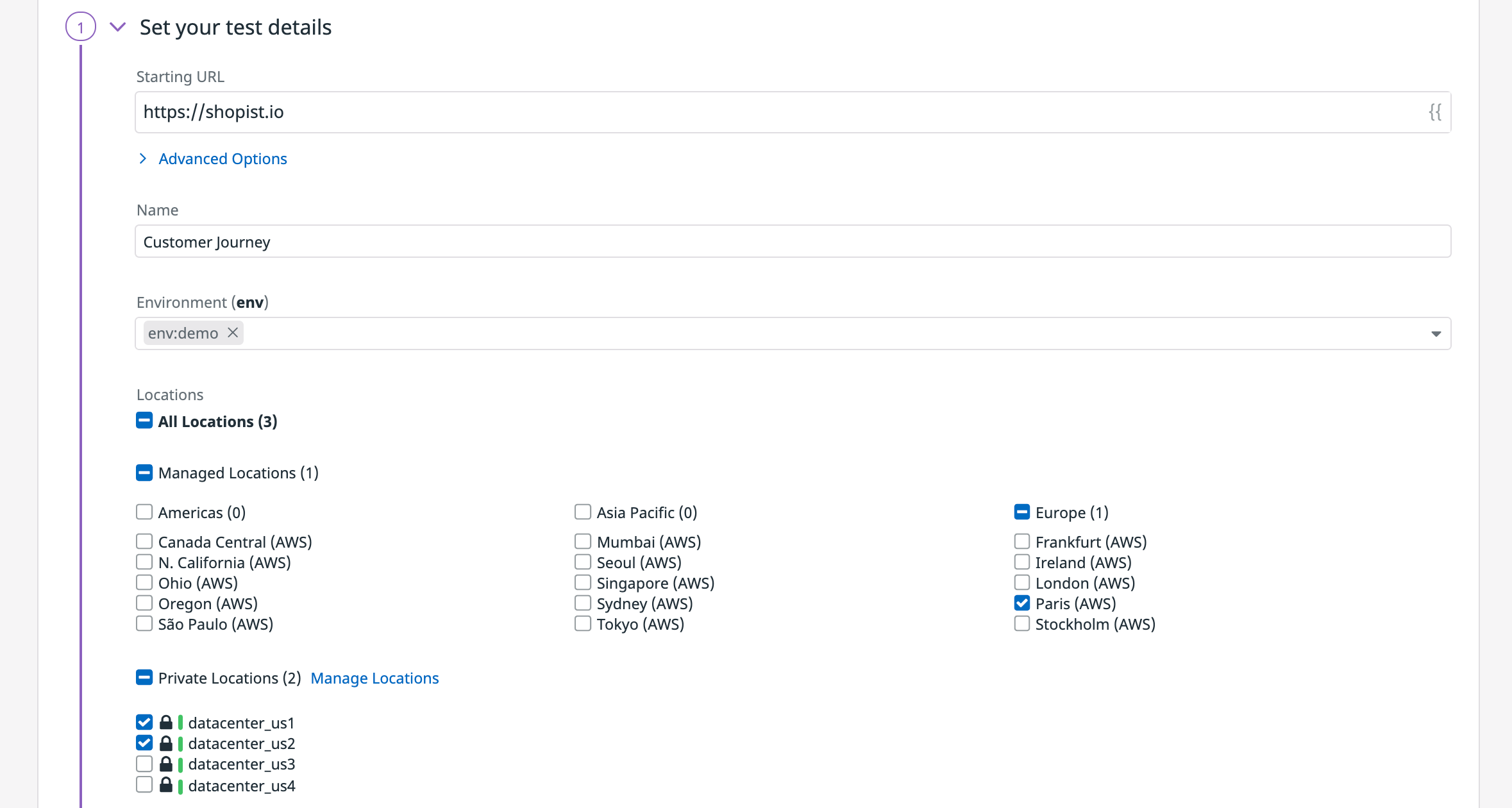 Teams can easily set up tests using any deployed private location for internal application monitoring.