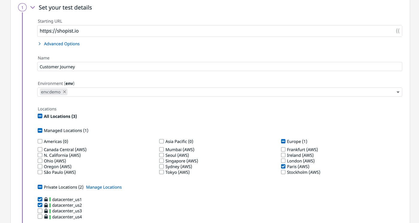 Teams can easily set up tests using any deployed private location for internal application monitoring. Teams can easily set up tests using any deployed private location for internal application monitoring.