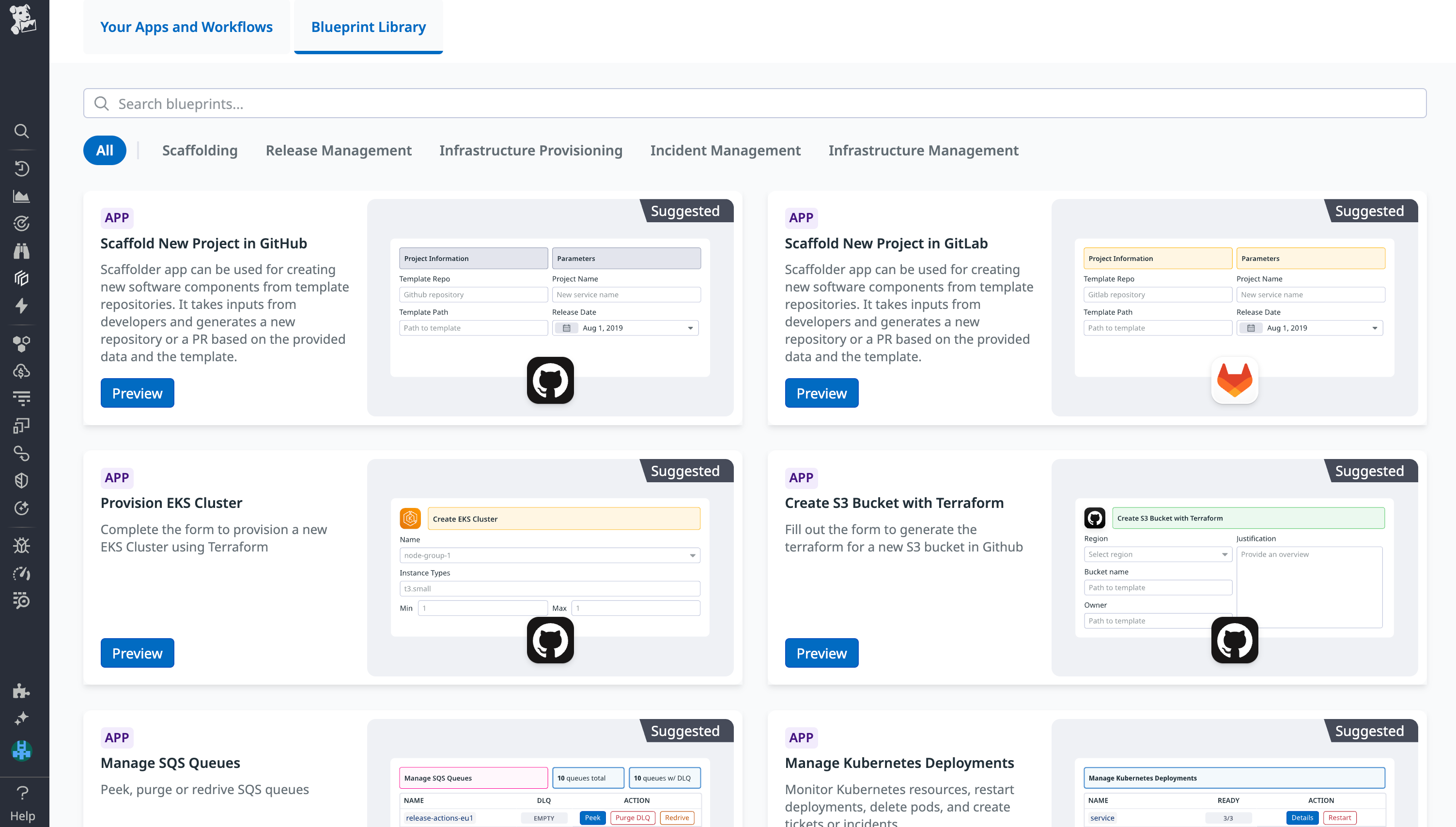 Quickly create self-service actions using Datadog's library of App Builder and Workflow Automation templates.