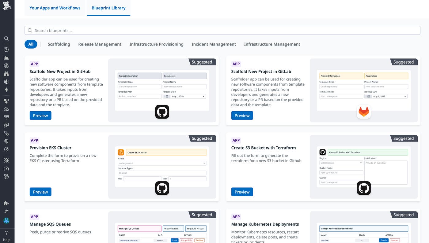 Quickly create self-service actions using Datadog's library of App Builder and Workflow Automation templates. Quickly create self-service actions using Datadog's library of App Builder and Workflow Automation templates.