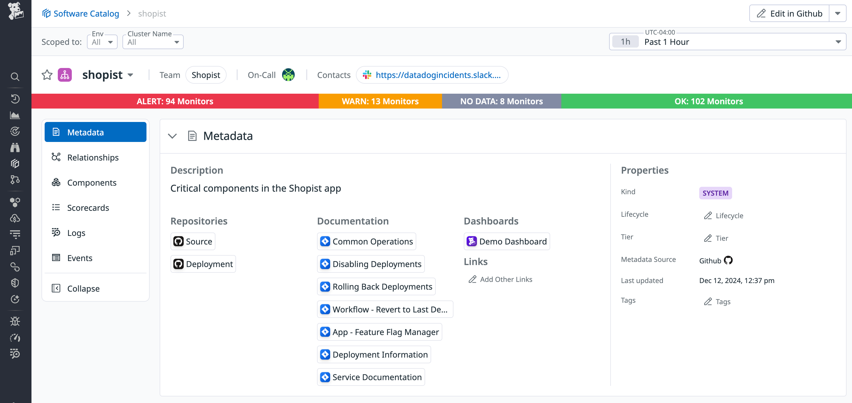 Software Catalog provides a central source for systems knowledge, inculding metadata links to GitHub repositories, documentation, and dashboards.