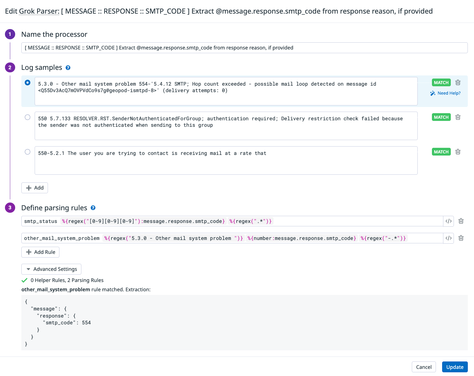 A sample Grok Parser from our logs pipeline for SendGrid