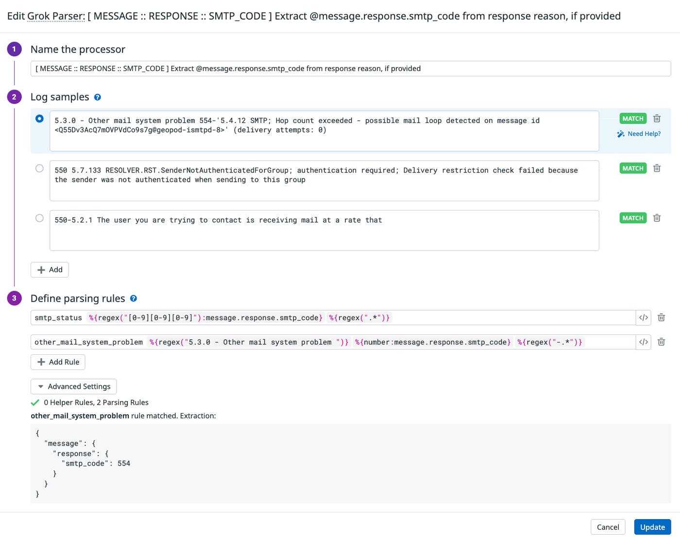 A sample Grok Parser from our logs pipeline for SendGrid A sample Grok Parser from our logs pipeline for SendGrid