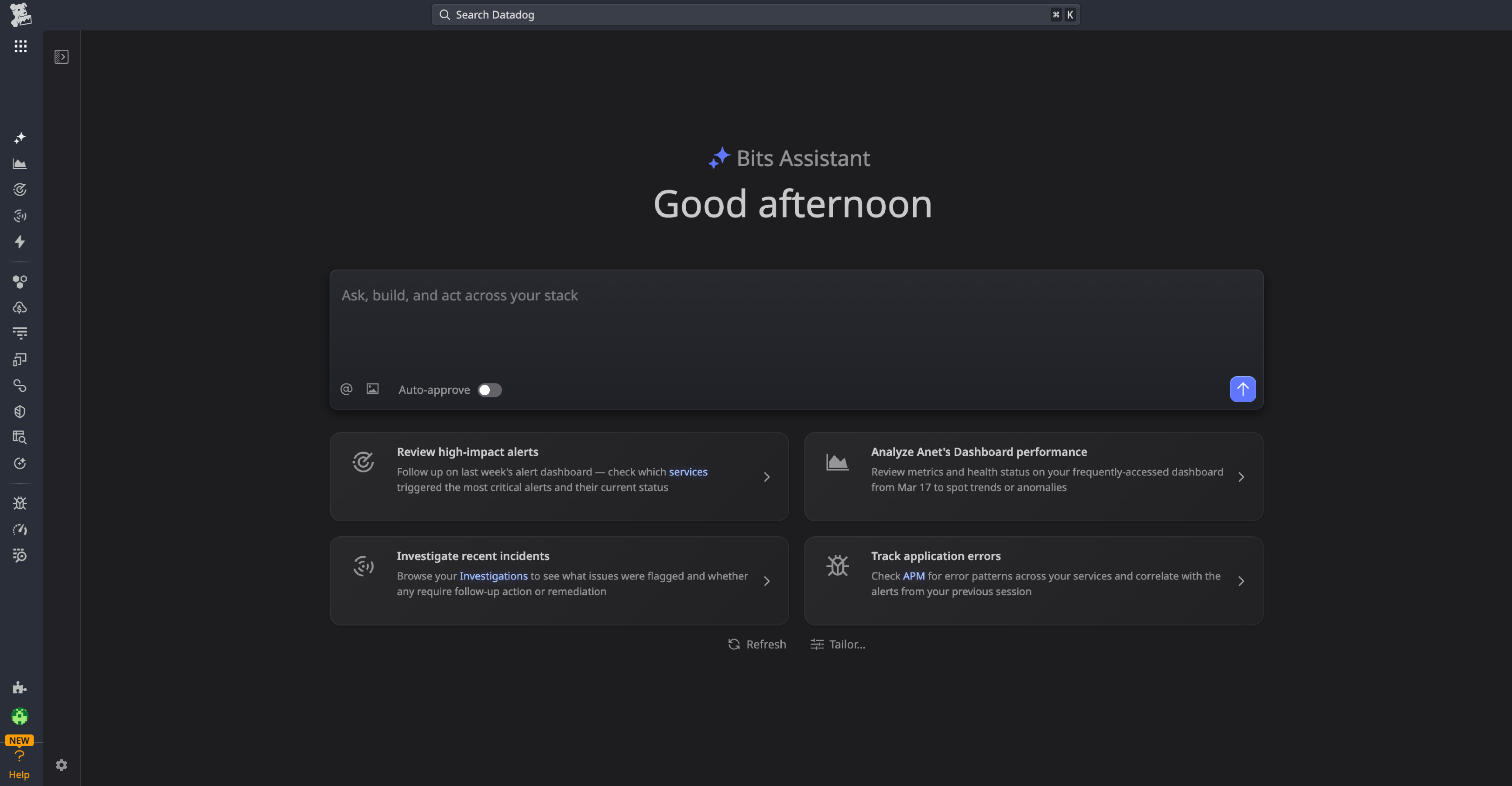 Bits Assistant home screen with a natural language prompt input field and four suggested actions: Investigate an incident, Check system health, Explore service logs, and Build a dashboard.
