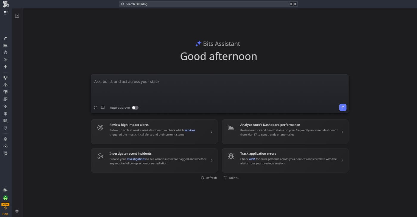 Bits Assistant home screen with a natural language prompt input field and four suggested actions: Investigate an incident, Check system health, Explore service logs, and Build a dashboard. Bits Assistant home screen with a natural language prompt input field and four suggested actions: Investigate an incident, Check system health, Explore service logs, and Build a dashboard.