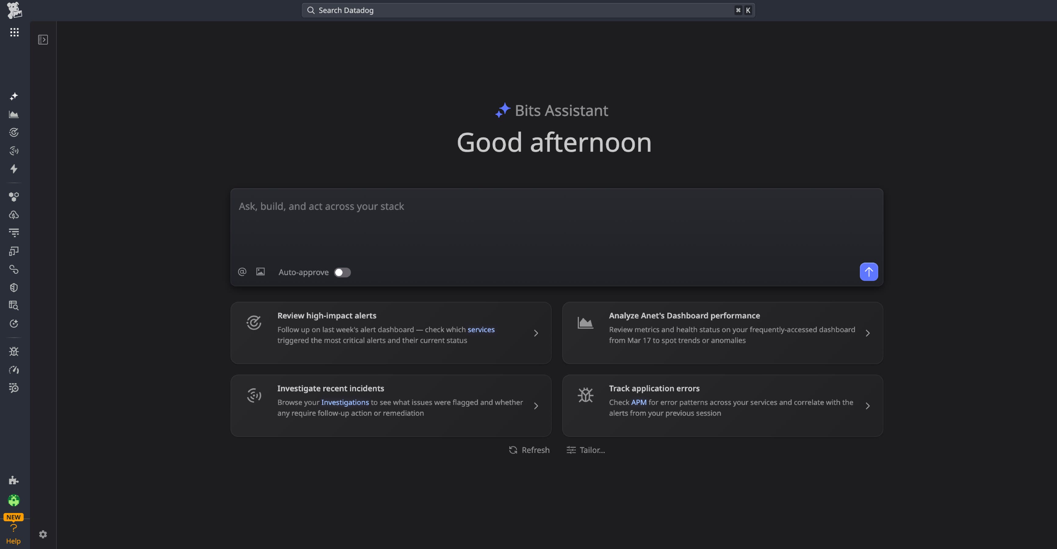 Bits Assistant home screen with a natural language prompt input field and four suggested actions: Investigate an incident, Check system health, Explore service logs, and Build a dashboard. Bits Assistant home screen with a natural language prompt input field and four suggested actions: Investigate an incident, Check system health, Explore service logs, and Build a dashboard.