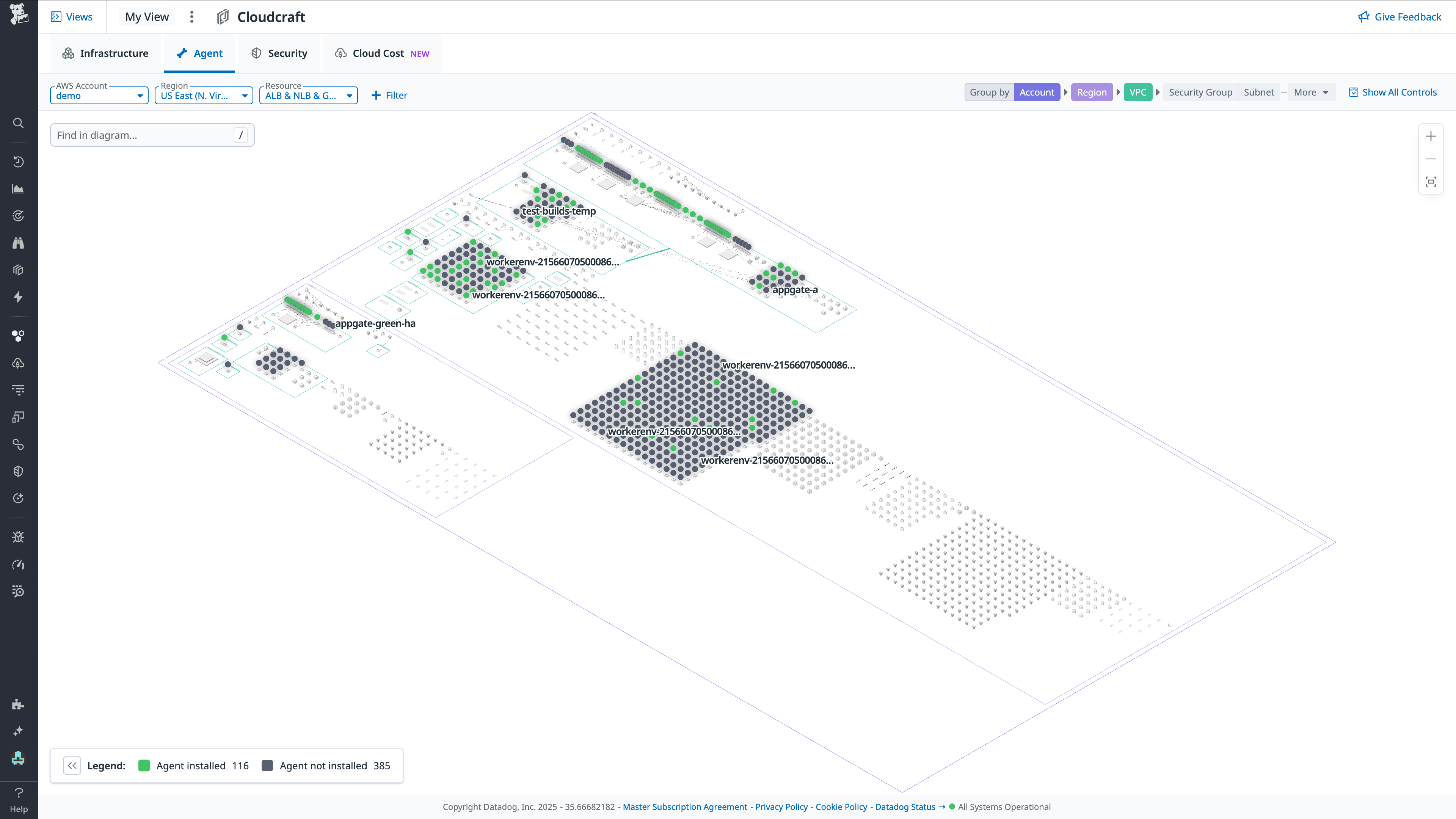 The Agent overlay indicates hosts with the Agent installed with a green dot and hosts without the Agent installed with a gray dot.