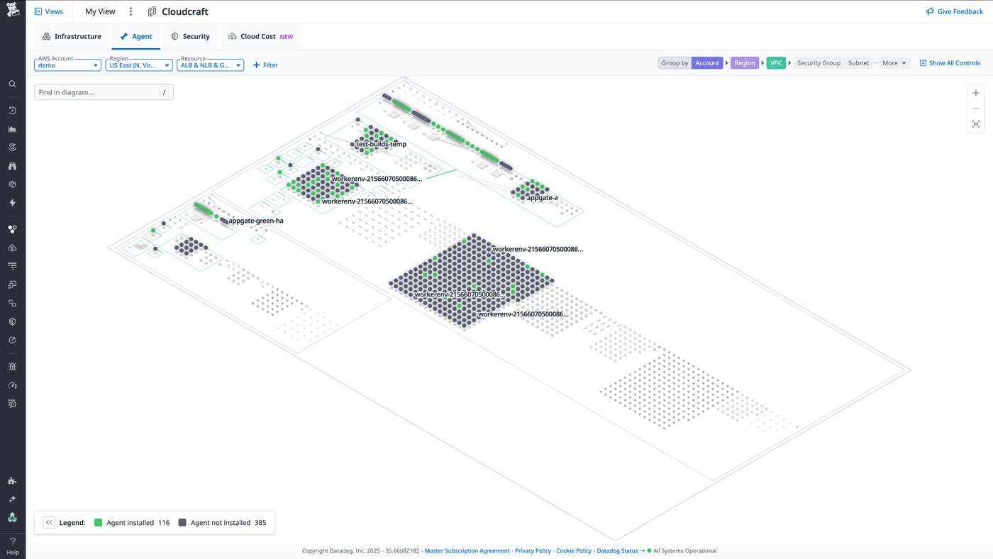 The Agent overlay indicates hosts with the Agent installed with a green dot and hosts without the Agent installed with a gray dot. The Agent overlay indicates hosts with the Agent installed with a green dot and hosts without the Agent installed with a gray dot.