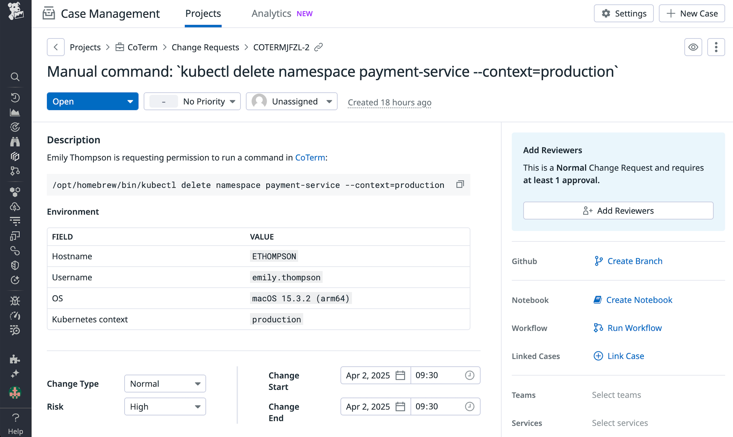 An approval request in Datadog Case Management.