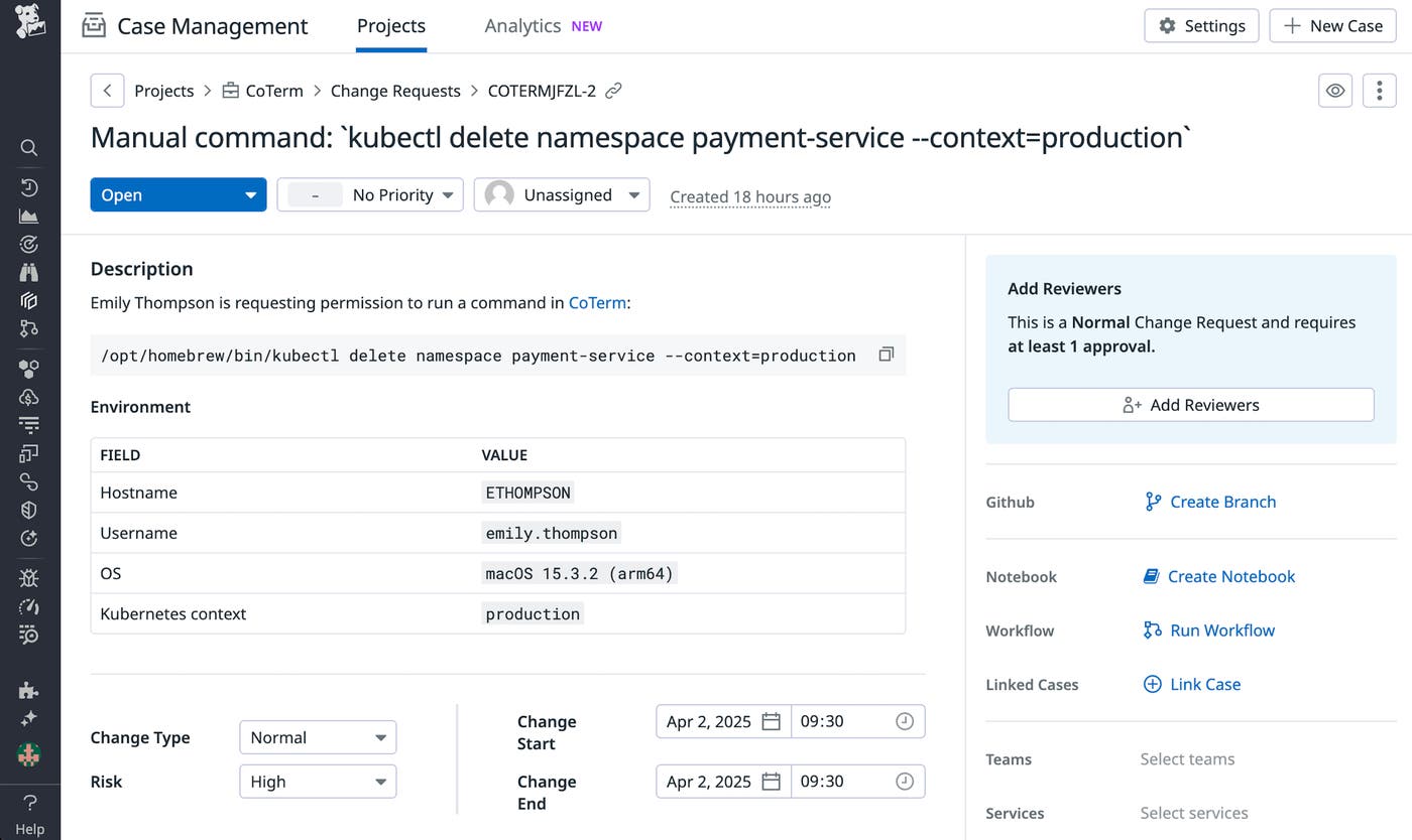 An approval request in Datadog Case Management. An approval request in Datadog Case Management.