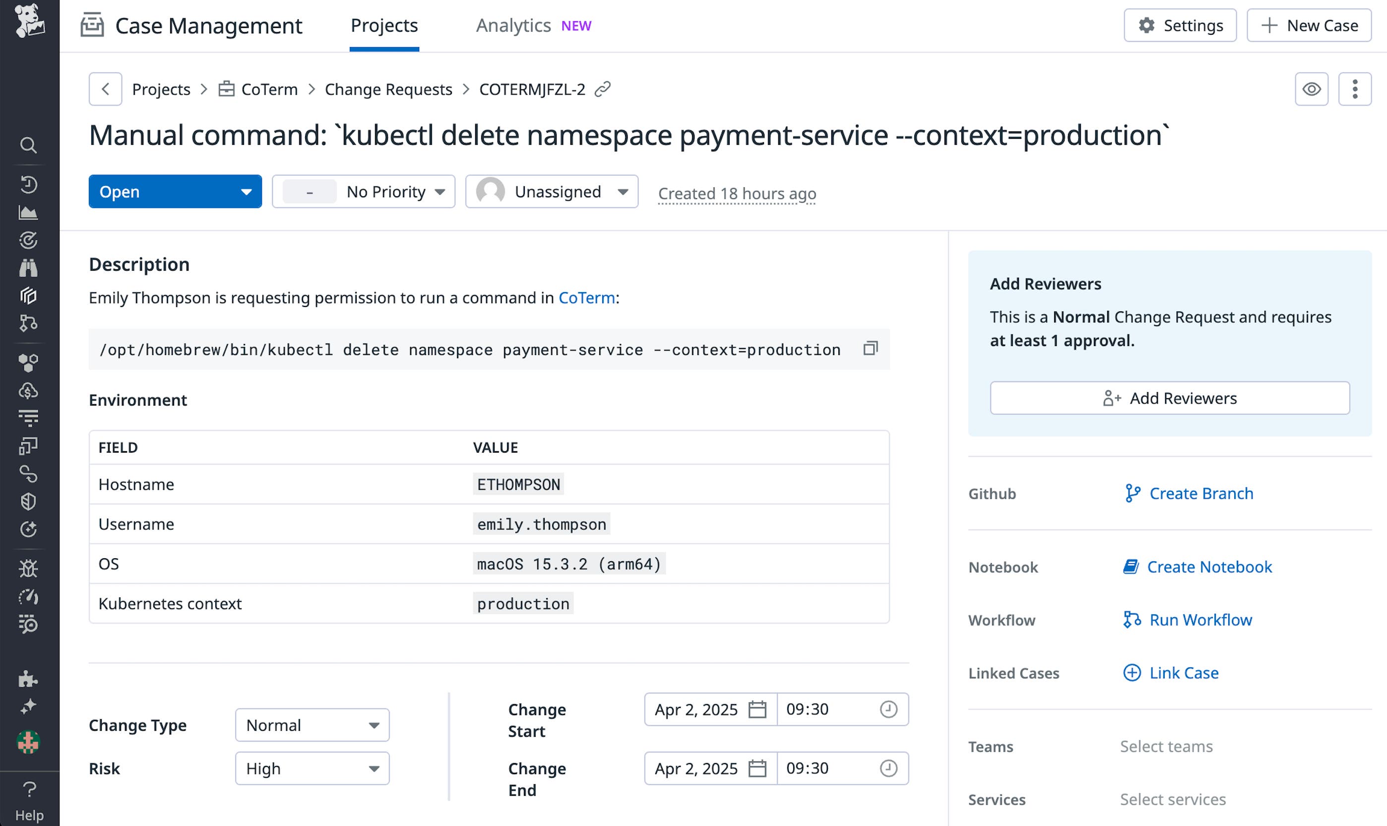An approval request in Datadog Case Management. An approval request in Datadog Case Management.