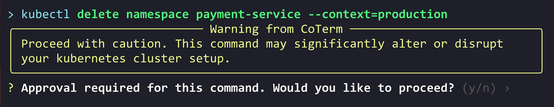 CoTerm intercepts a kubectl delete command in order to get the required approval.
