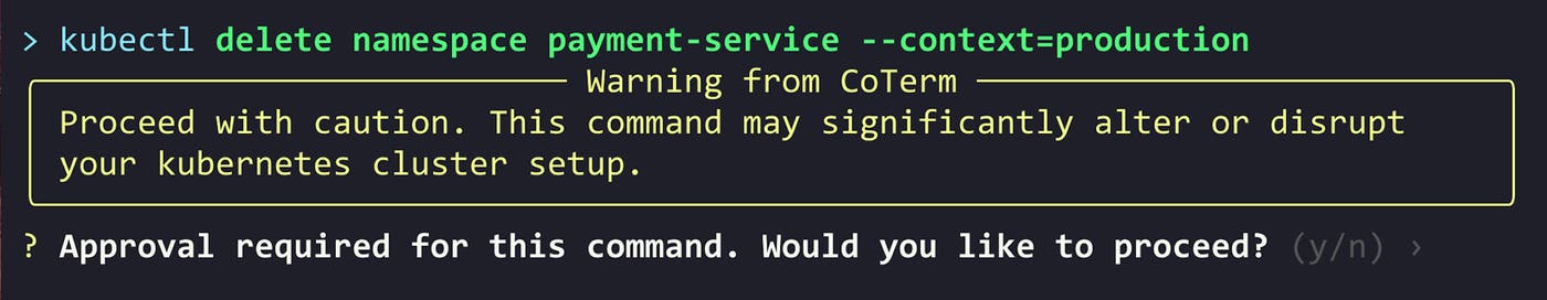 CoTerm intercepts a kubectl delete command in order to get the required approval. CoTerm intercepts a kubectl delete command in order to get the required approval.