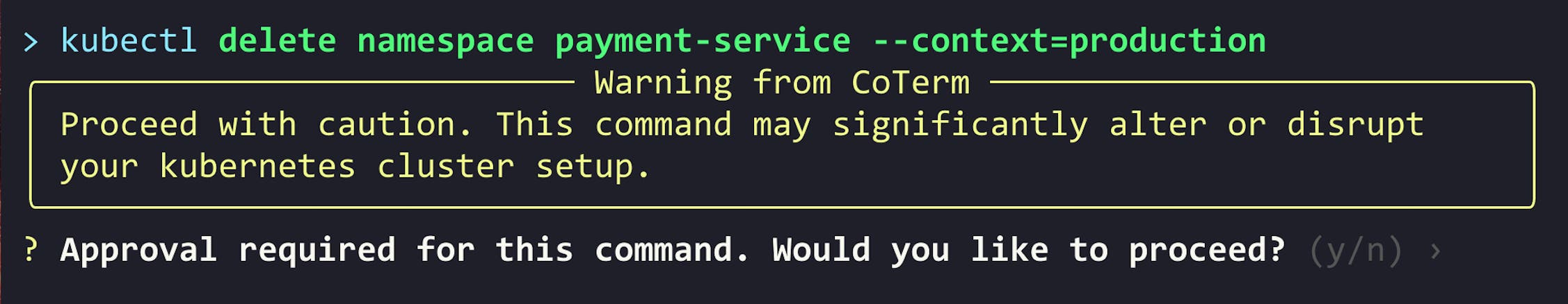 CoTerm intercepts a kubectl delete command in order to get the required approval. CoTerm intercepts a kubectl delete command in order to get the required approval.