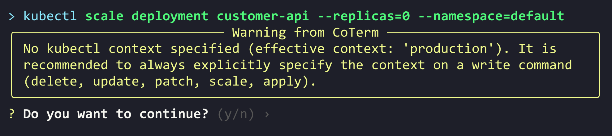 CoTerm intercepts a kubectl scale command, prompting for --context.