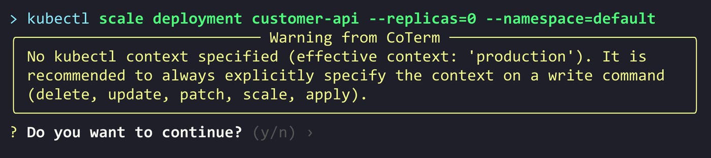 CoTerm intercepts a kubectl scale command, prompting for --context. CoTerm intercepts a kubectl scale command, prompting for --context.