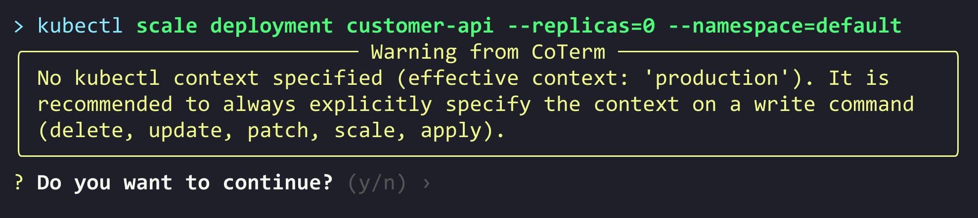 CoTerm intercepts a kubectl scale command, prompting for --context. CoTerm intercepts a kubectl scale command, prompting for --context.