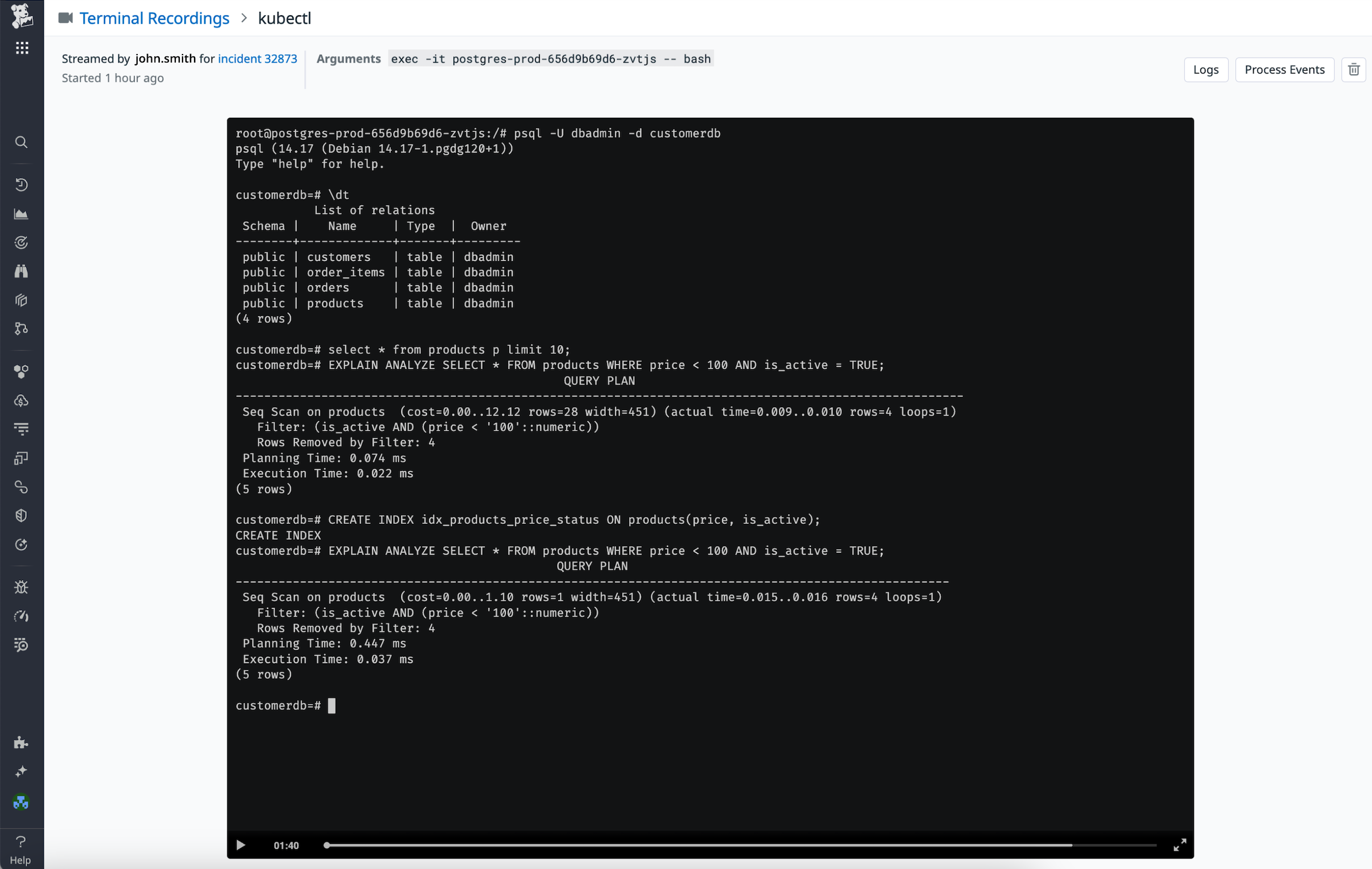 You can watch a terminal session recording in Datadog.