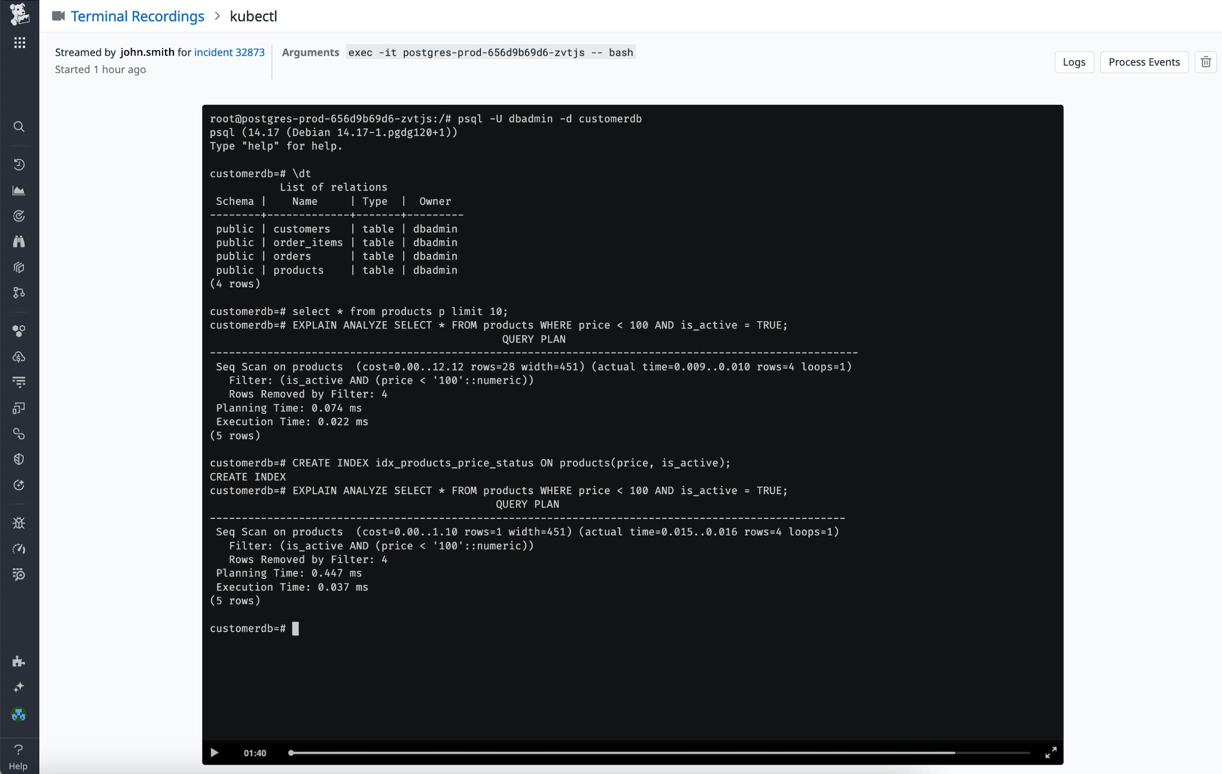 You can watch a terminal session recording in Datadog. You can watch a terminal session recording in Datadog.