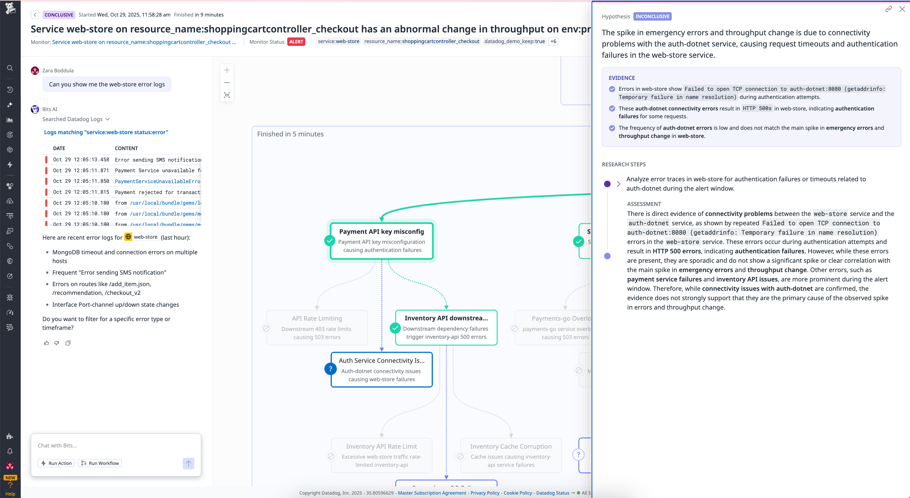 Datadog incident analysis view showing Bits AI-assisted investigation of web-store service errors, highlighting authentication failures and connectivity issues.
