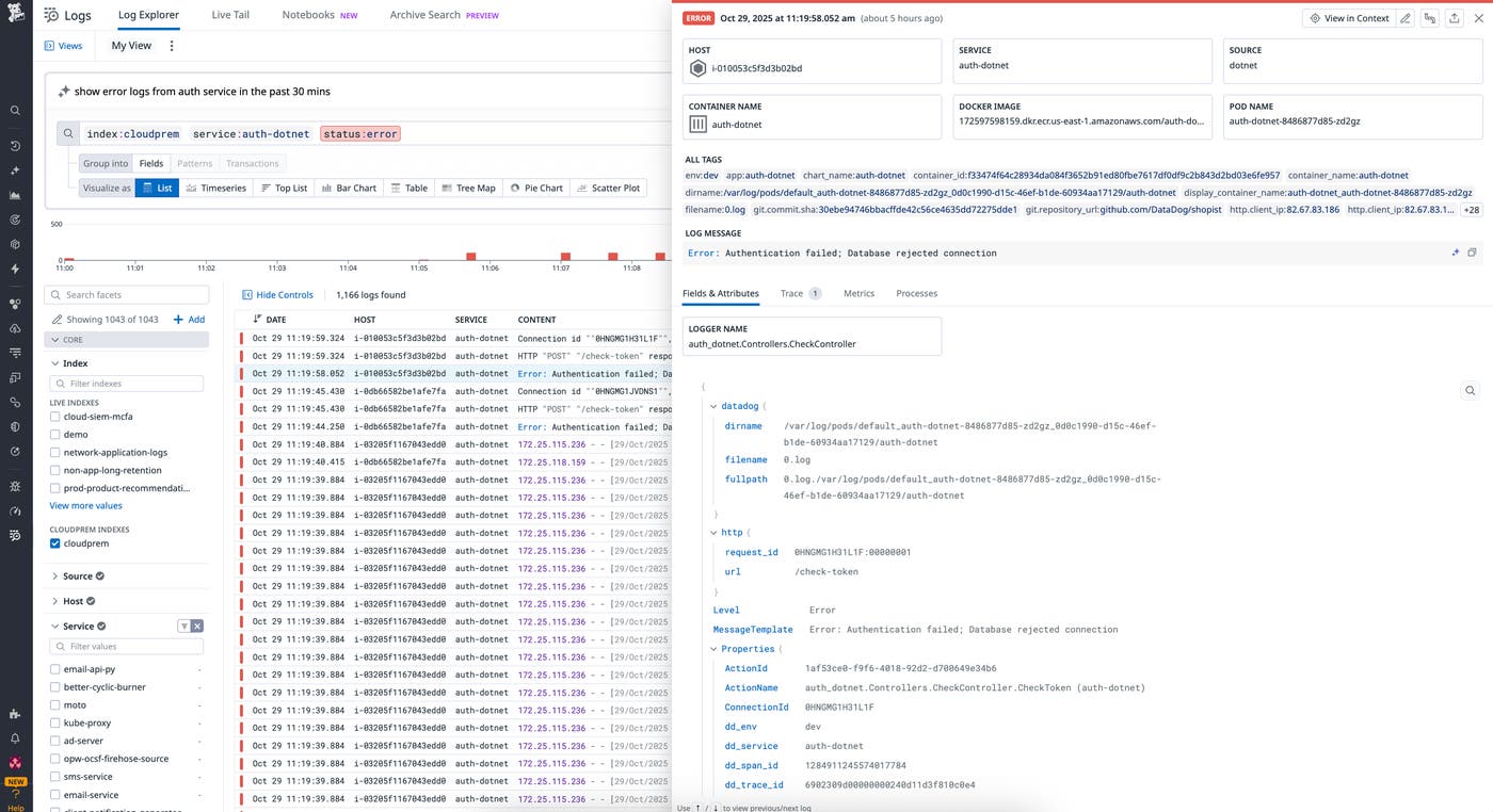 Datadog Log Explorer view filtered for BYOC Logs data showing auth-dotnet service errors, including authentication failure messages and detailed log attributes.. Datadog Log Explorer view filtered for BYOC Logs data showing auth-dotnet service errors, including authentication failure messages and detailed log attributes..