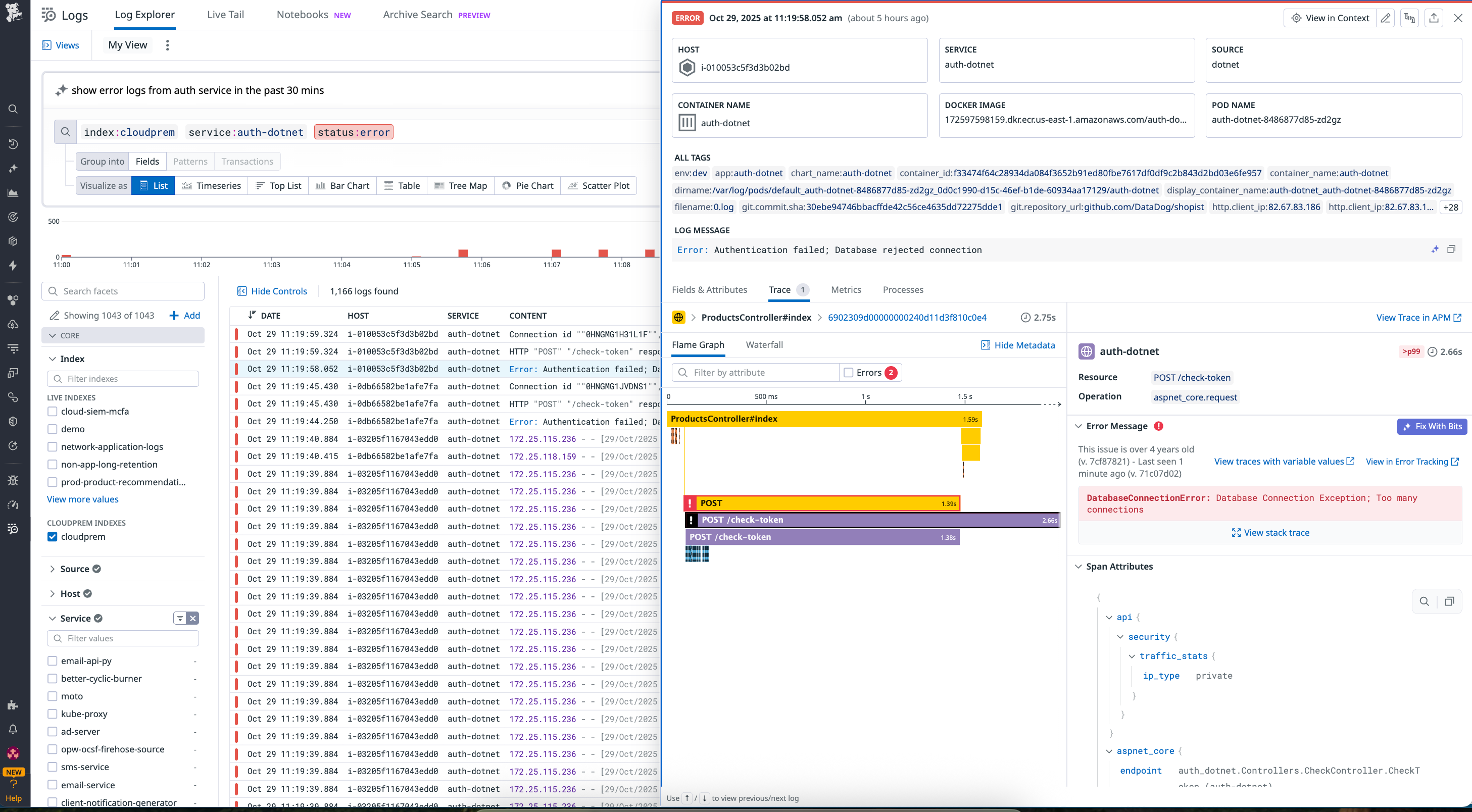 Datadog Log Explorer with trace view for auth-dotnet service showing a database connection error and flame graph illustrating request flow.