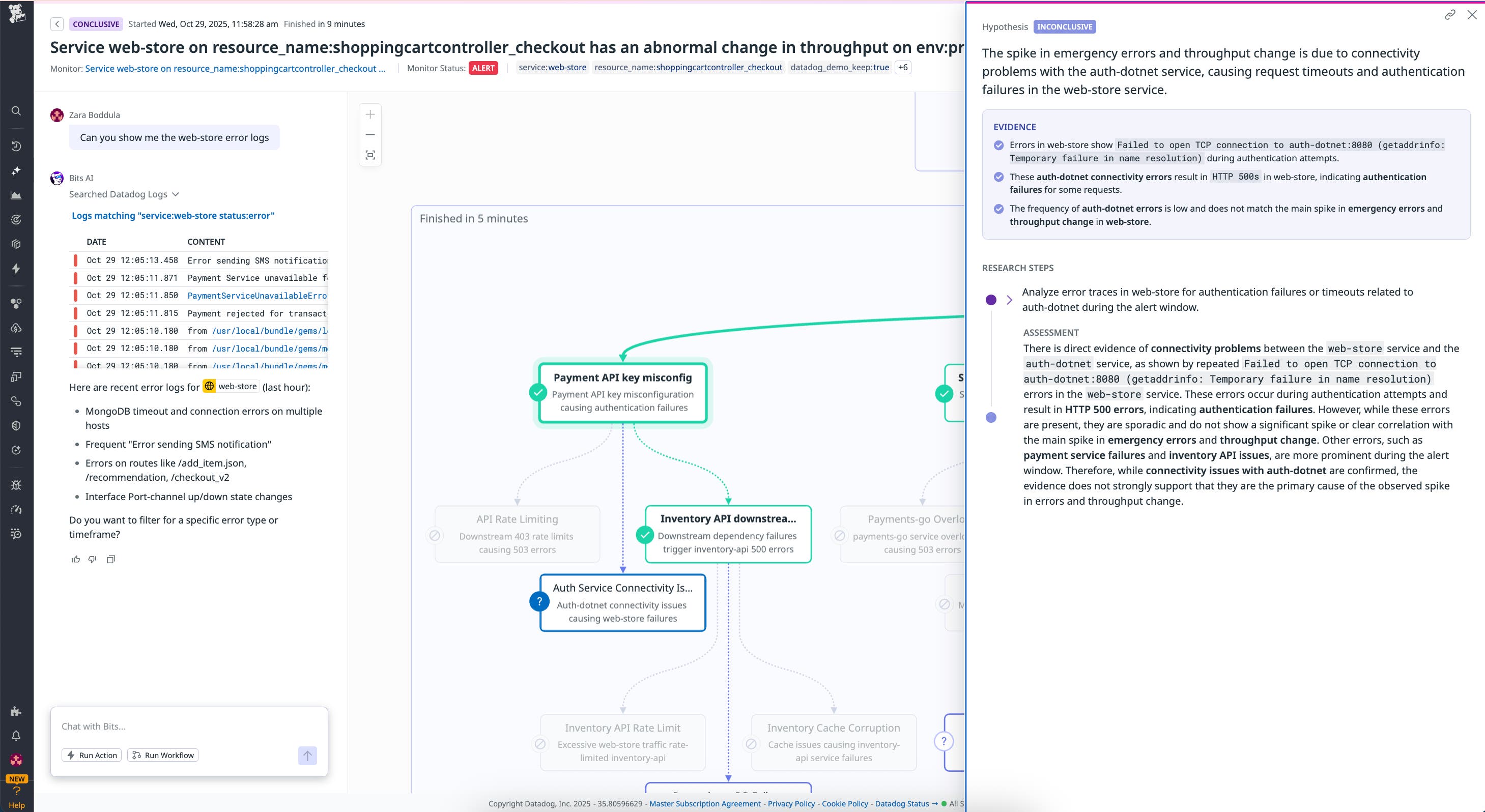 Datadog incident analysis view showing Bits AI-assisted investigation of web-store service errors, highlighting authentication failures and connectivity issues. Datadog incident analysis view showing Bits AI-assisted investigation of web-store service errors, highlighting authentication failures and connectivity issues.