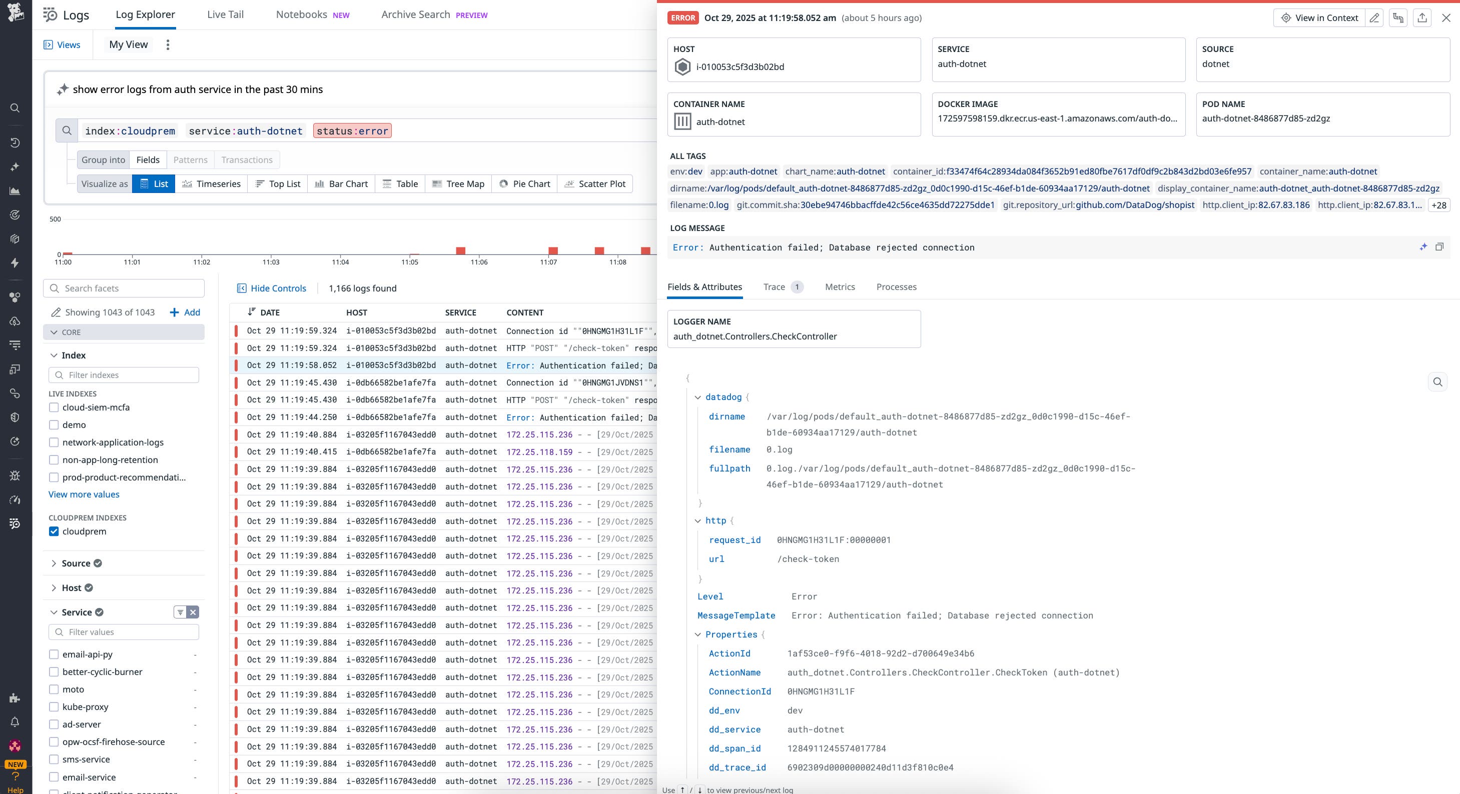 Datadog Log Explorer view filtered for CloudPrem logs showing auth-dotnet service errors, including authentication failure messages and detailed log attributes.. Datadog Log Explorer view filtered for CloudPrem logs showing auth-dotnet service errors, including authentication failure messages and detailed log attributes..