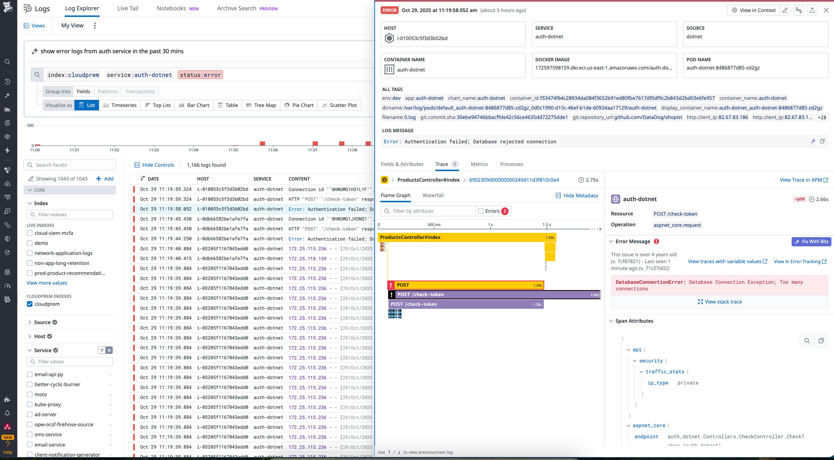 Datadog Log Explorer with trace view for auth-dotnet service showing a database connection error and flame graph illustrating request flow. Datadog Log Explorer with trace view for auth-dotnet service showing a database connection error and flame graph illustrating request flow.