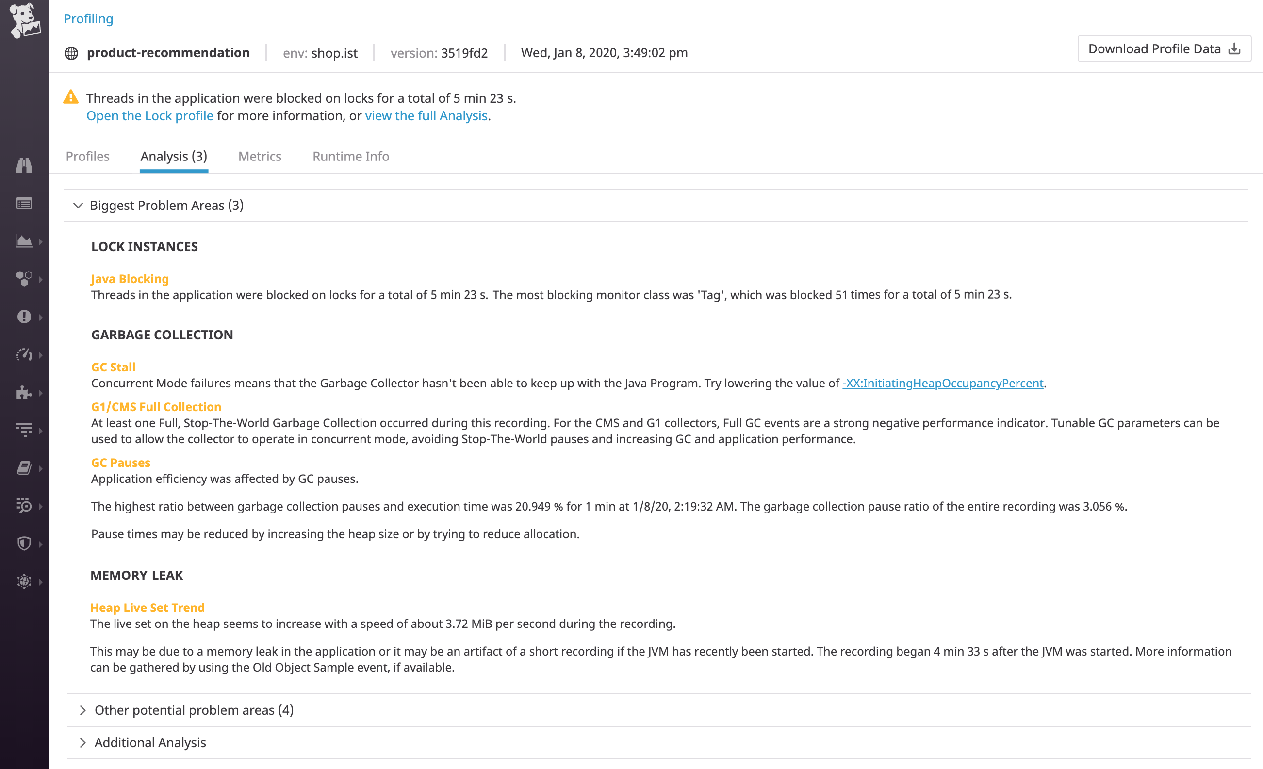 分析ビューでは、アプリケーションのパフォーマンス改善に集中して取り組む必要のある問題領域の一覧を確認できます。