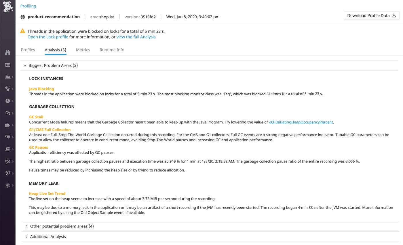 分析ビューでは、アプリケーションのパフォーマンス改善に集中して取り組む必要のある問題領域の一覧を確認できます。 分析ビューでは、アプリケーションのパフォーマンス改善に集中して取り組む必要のある問題領域の一覧を確認できます。