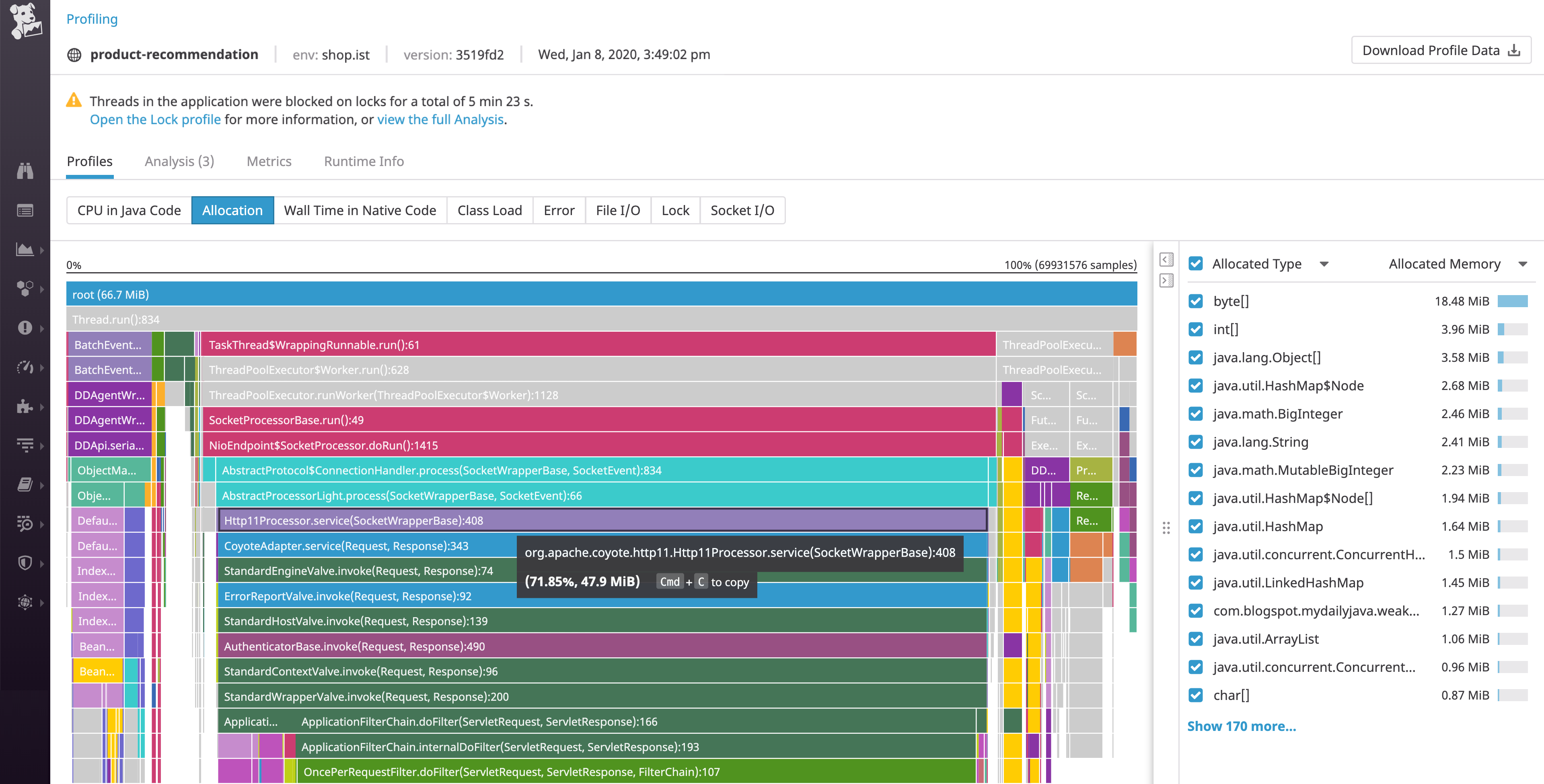 プロファイリングは、すべてのスタックトレースをフレームグラフで可視化するため、最大メモリーが割り当てられている関数を容易に特定できます。