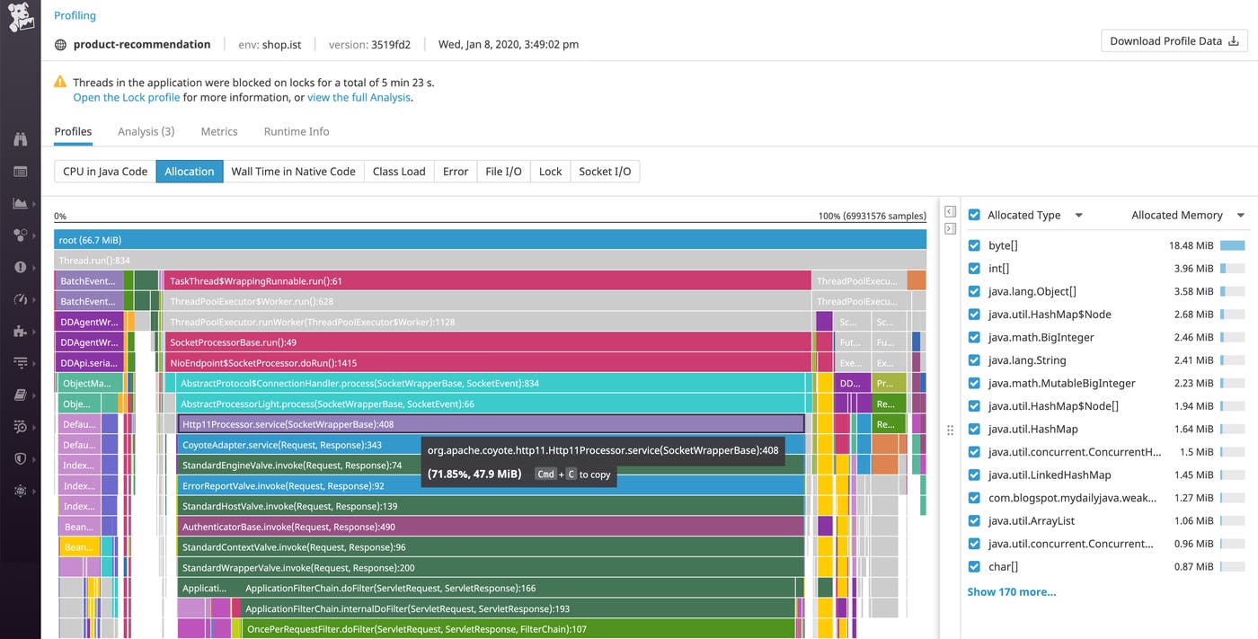 プロファイリングは、すべてのスタックトレースをフレームグラフで可視化するため、最大メモリーが割り当てられている関数を容易に特定できます。 プロファイリングは、すべてのスタックトレースをフレームグラフで可視化するため、最大メモリーが割り当てられている関数を容易に特定できます。
