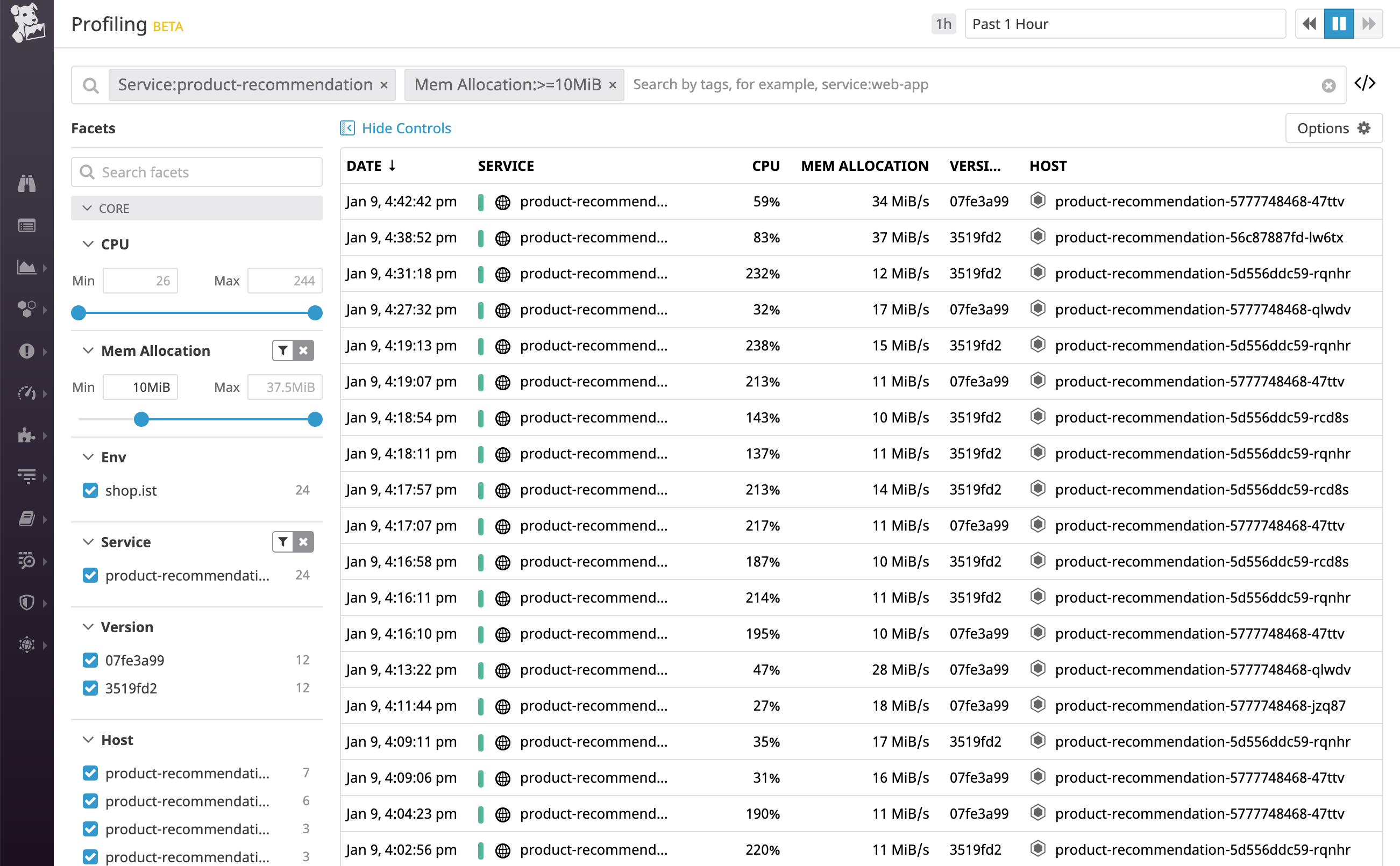 サービスやメモリーの割り当てなど、さまざまな要素でプロファイルにフィルターを設定し、検索対象を絞り込みます。
