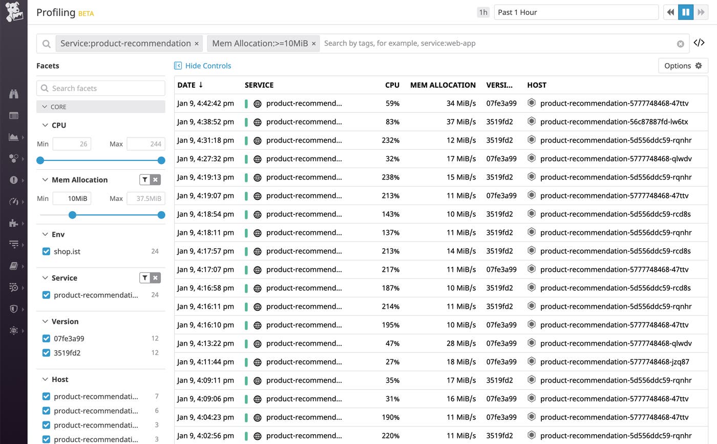 サービスやメモリーの割り当てなど、さまざまな要素でプロファイルにフィルターを設定し、検索対象を絞り込みます。 サービスやメモリーの割り当てなど、さまざまな要素でプロファイルにフィルターを設定し、検索対象を絞り込みます。