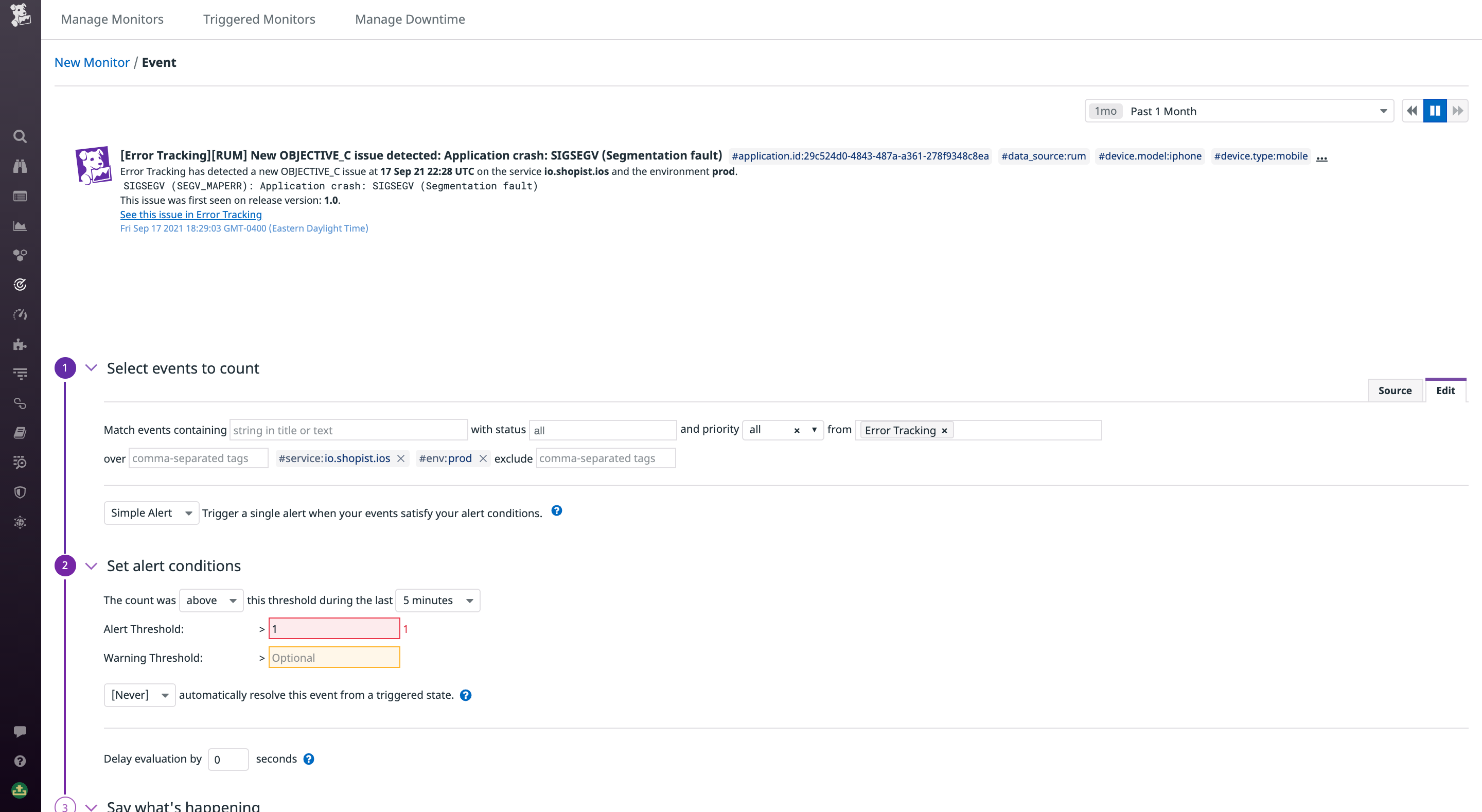 Configuring an Event Monitor to alert on new issues in Error Tracking