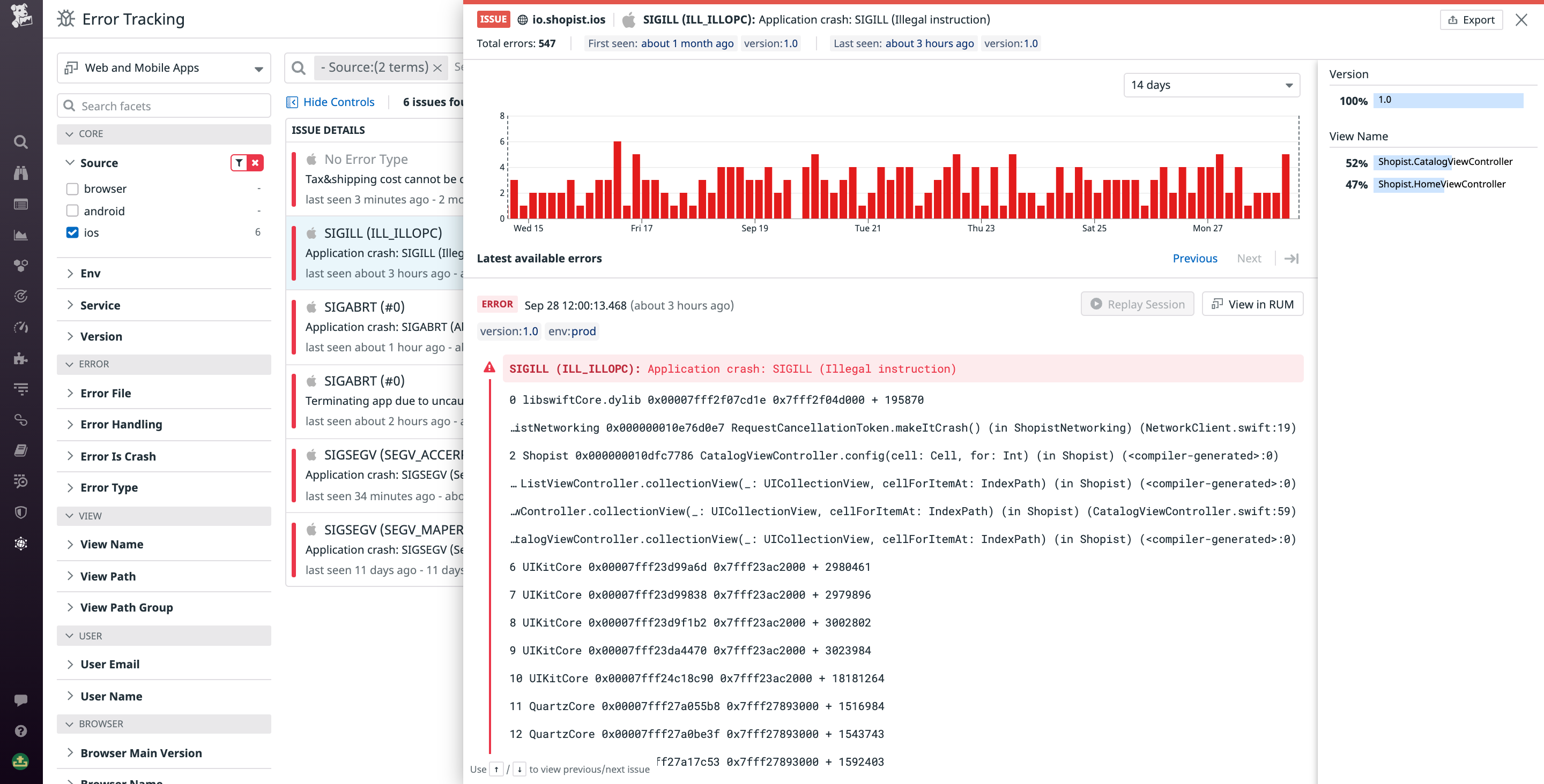 Examining an error stacktrace in Error Tracking