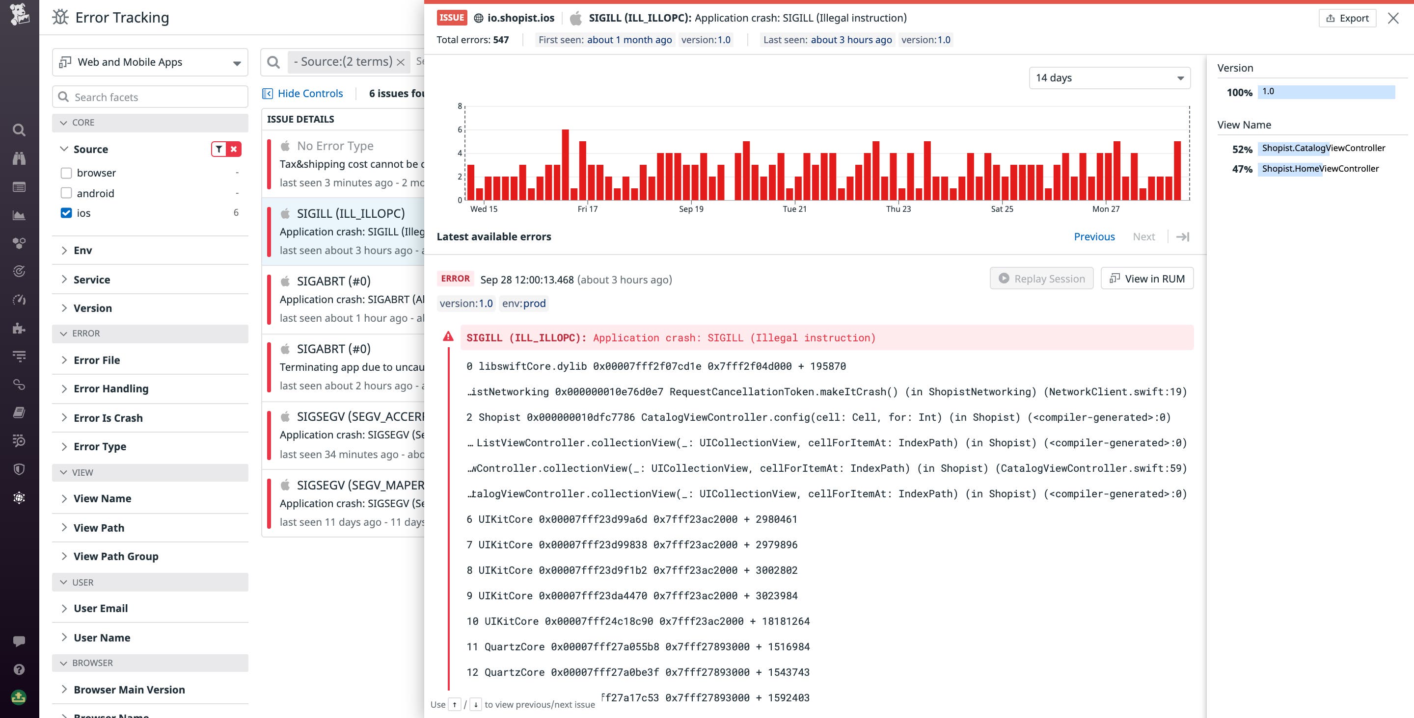 Examining an error stacktrace in Error Tracking Examining an error stacktrace in Error Tracking