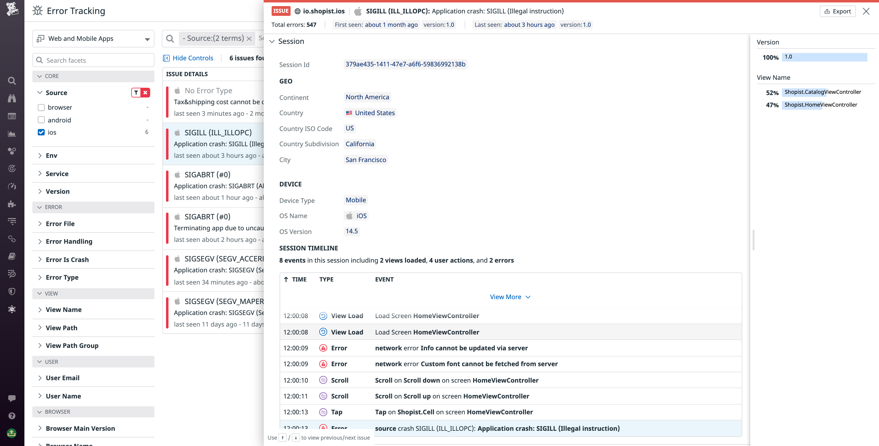 Examining the session timeline in Error Tracking