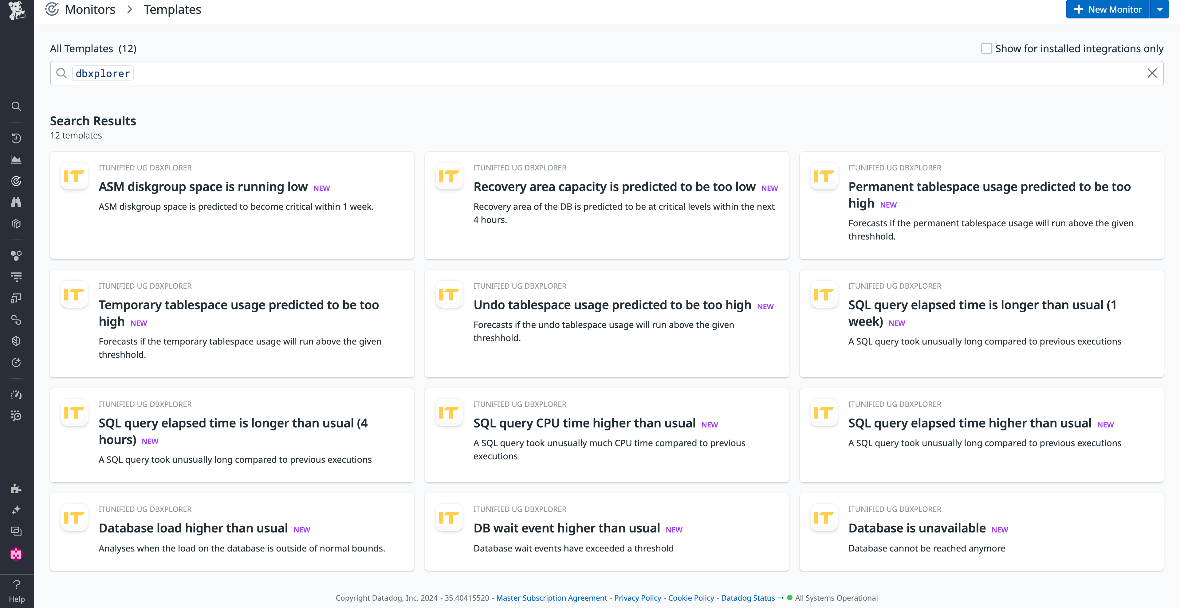 View  of the dbXplorer integration's preconfigured monitors on the Datadog Monitors Templates page