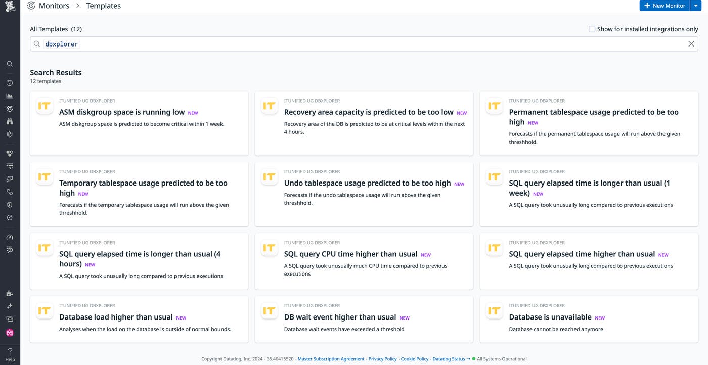 View of the dbXplorer integration's preconfigured monitors on the Datadog Monitors Templates page View of the dbXplorer integration's preconfigured monitors on the Datadog Monitors Templates page
