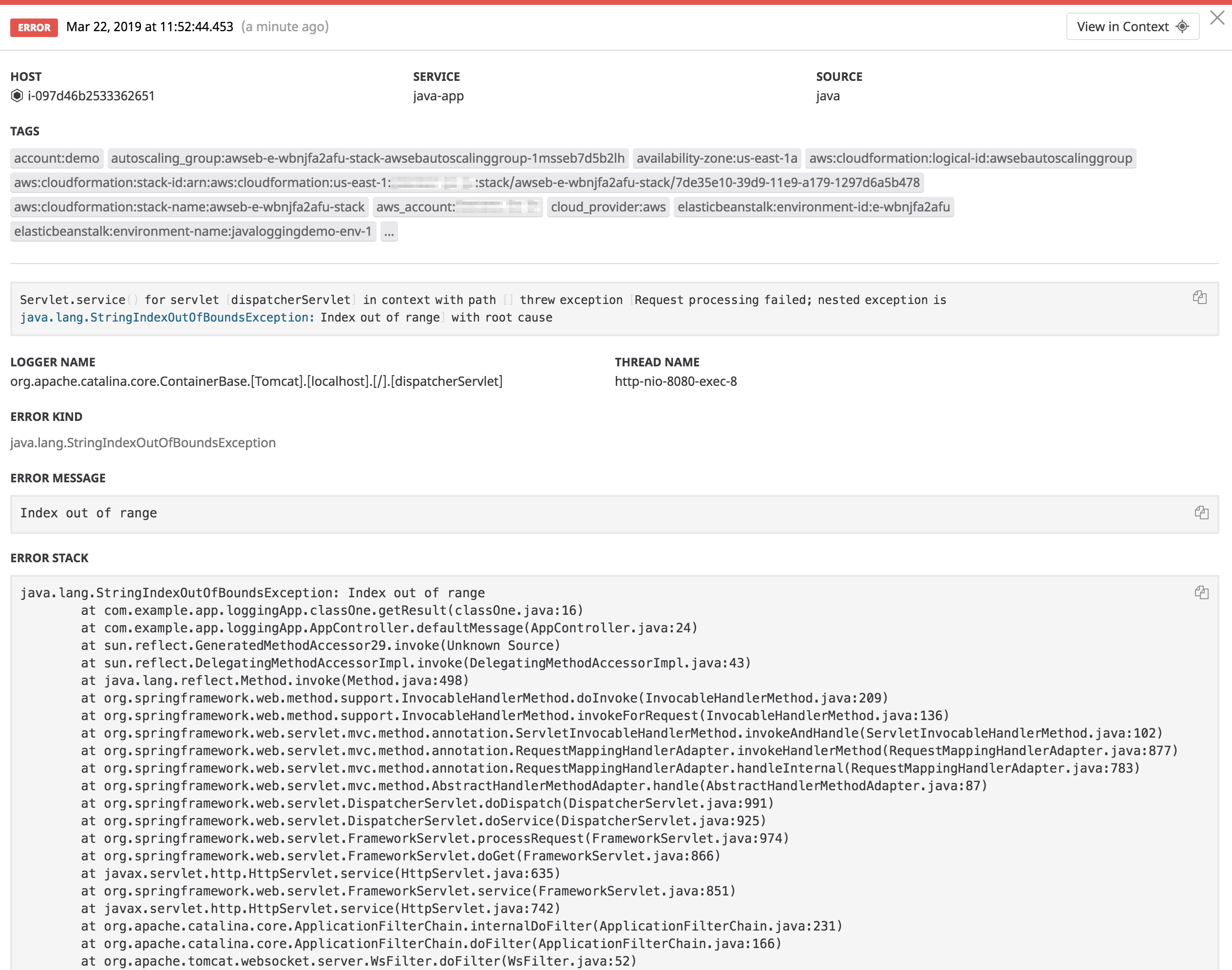 Logging to JSON captures Java multiline stack traces in one event.