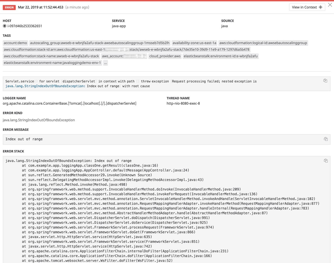 Logging to JSON captures Java multiline stack traces in one event. Logging to JSON captures Java multiline stack traces in one event.