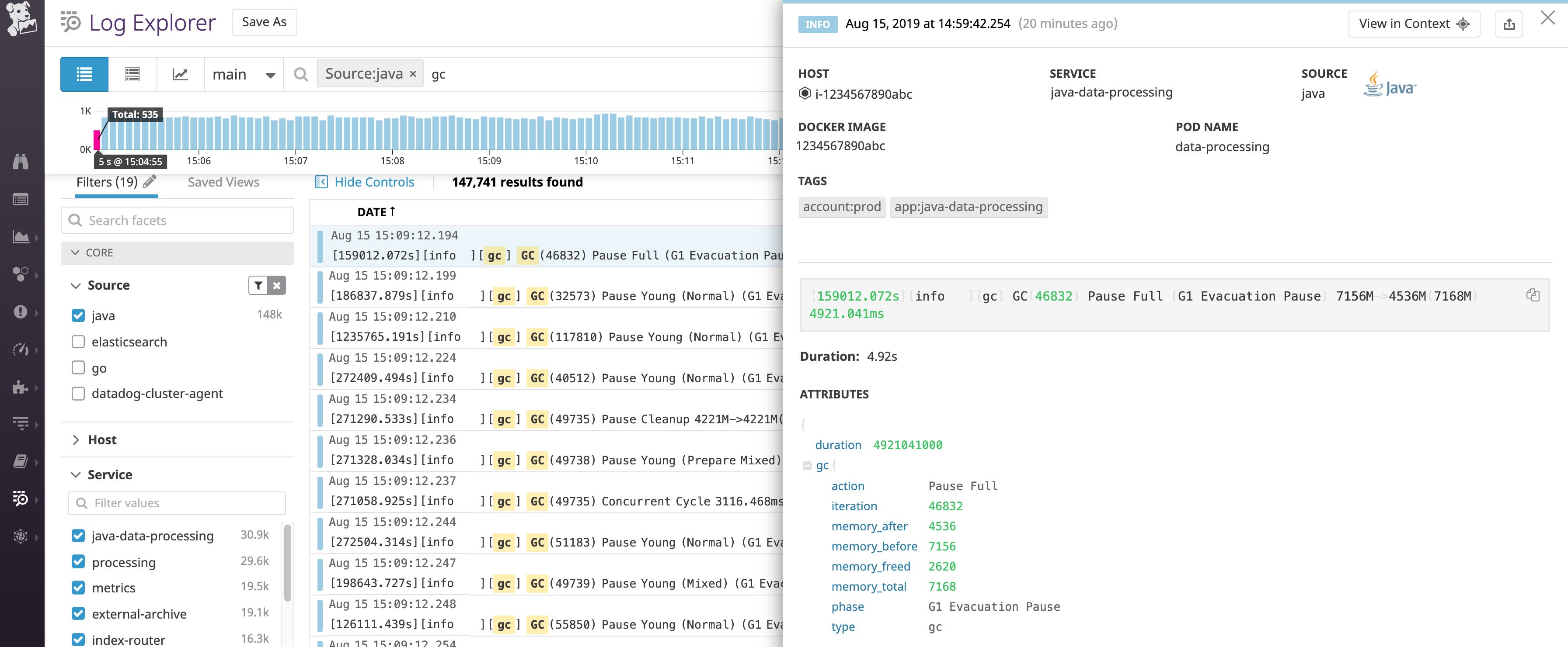 Monitor Java memory management issues by collecting garbage collection logs. This log indicates that the G1 GC collector completed a full Java garbage collection, which took almost five seconds. Monitor Java memory management issues by collecting garbage collection logs. This log indicates that the G1 GC collector completed a full Java garbage collection, which took almost five seconds.