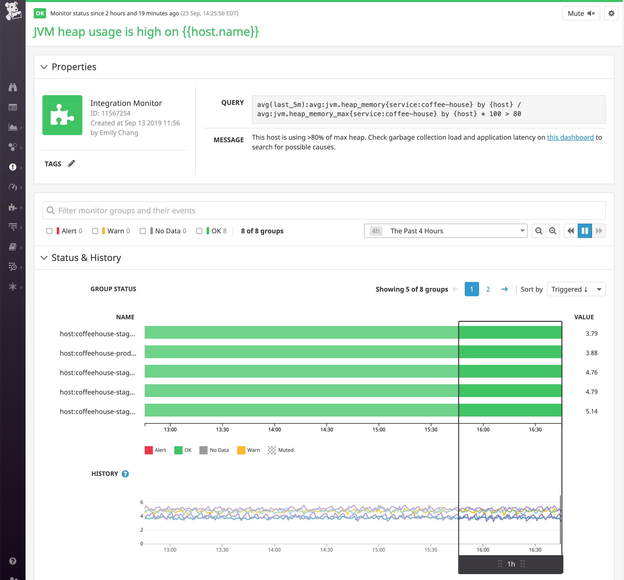 in datadog you can set up an alerts to track java memory management issues, such as when the jvm is using more than 80 percent of the max heap