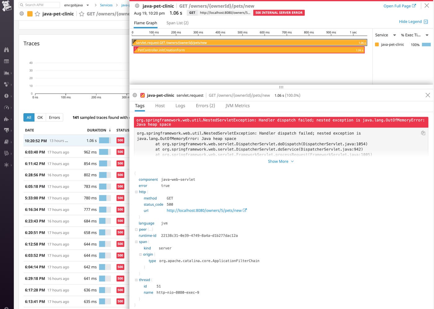 This Datadog APM distributed request trace indicates that an out-of-memory error occurred. You can see the stack trace for the java.lang.OutOfMemoryError: Java heap space error, indicating Java memory management issues. This Datadog APM distributed request trace indicates that an out-of-memory error occurred. You can see the stack trace for the java.lang.OutOfMemoryError: Java heap space error, indicating Java memory management issues.