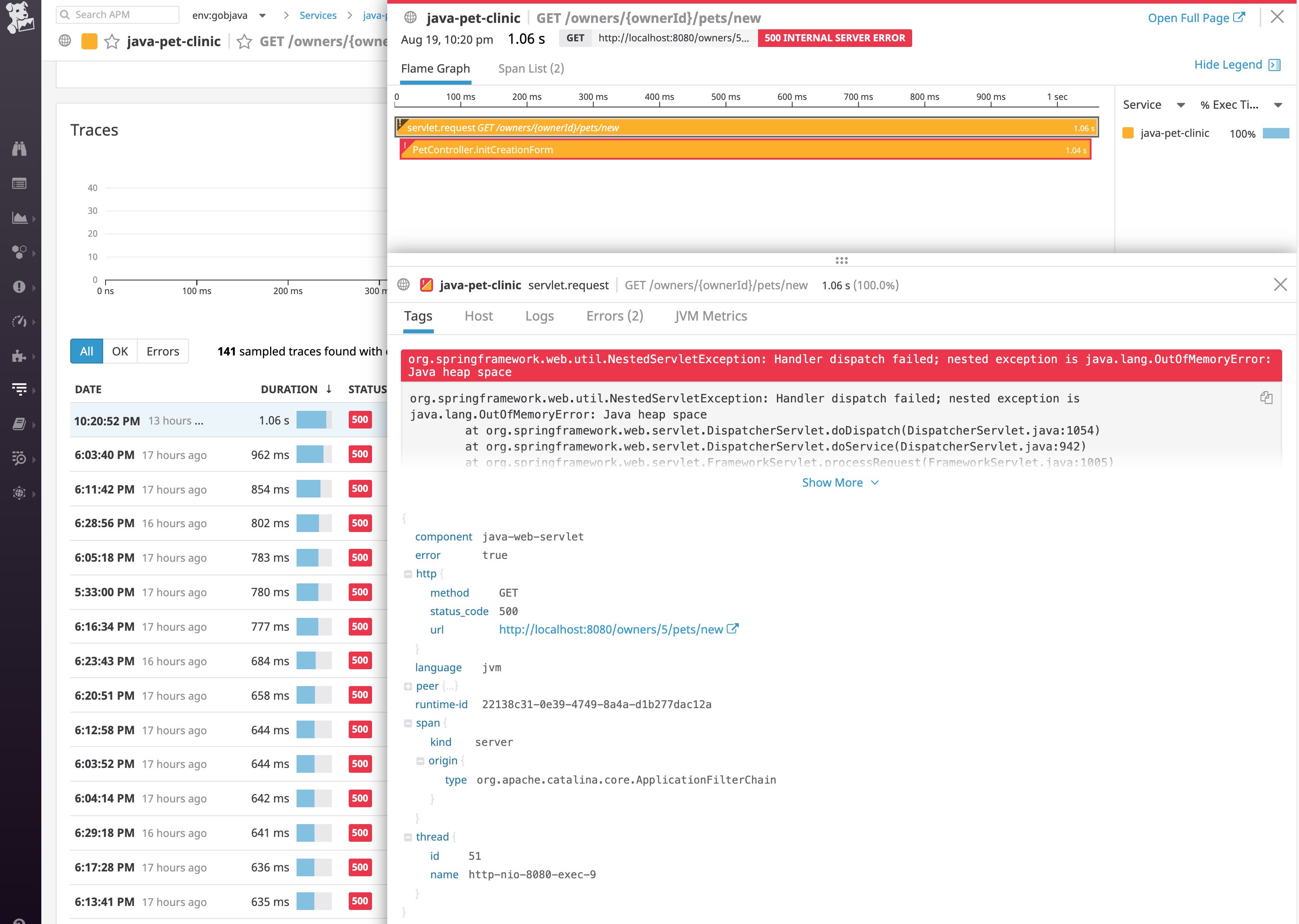 This Datadog APM distributed request trace indicates that an out-of-memory error occurred. You can see the stack trace for the java.lang.OutOfMemoryError: Java heap space error, indicating Java memory management issues. This Datadog APM distributed request trace indicates that an out-of-memory error occurred. You can see the stack trace for the java.lang.OutOfMemoryError: Java heap space error, indicating Java memory management issues.
